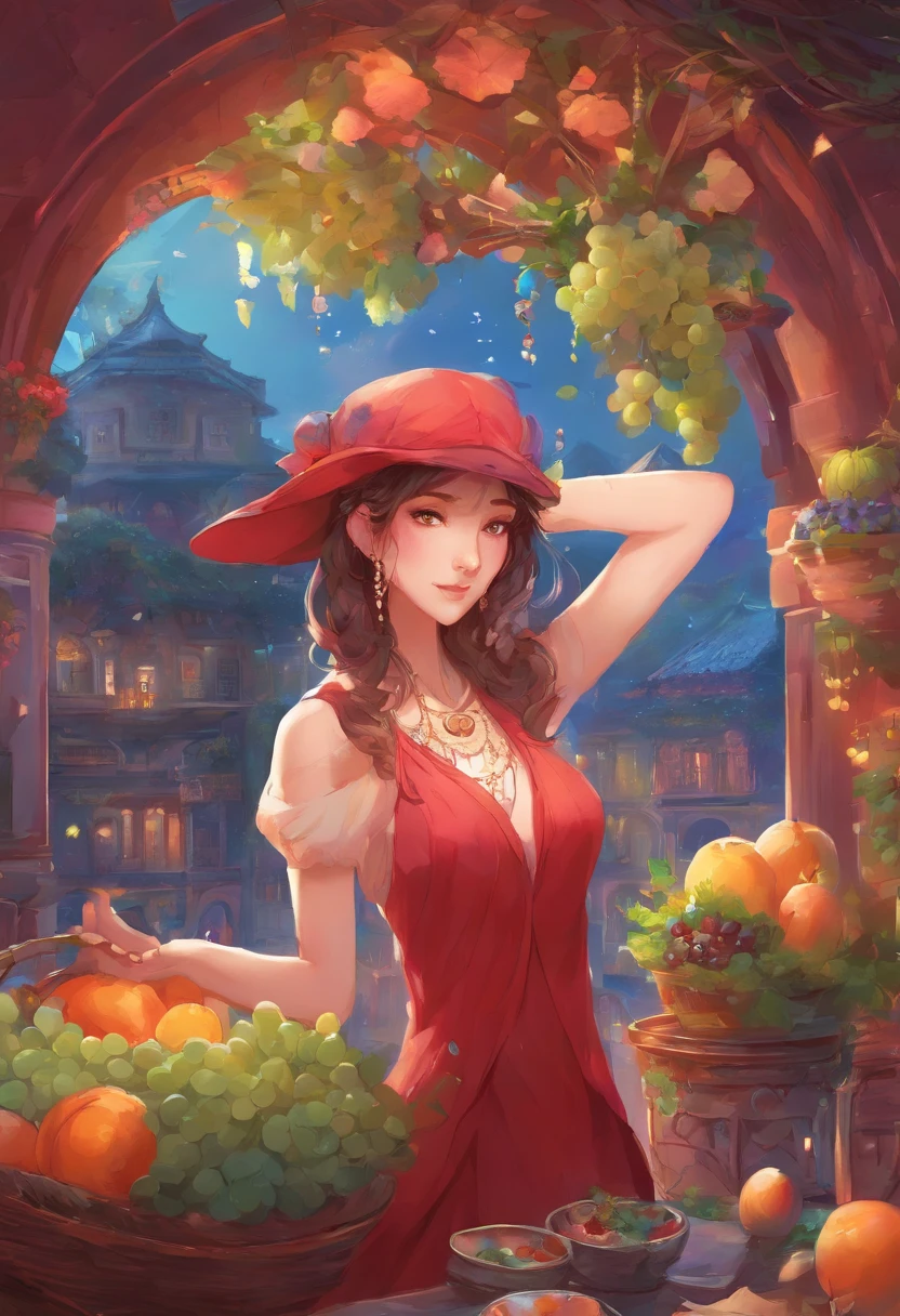 Nami from one piece wearing red ball gown in a gazebo in a sunset time, standing with one hand on her hips and other is holding a glass of red wine, masterpiece, illustration 0.8, outfit 1.6, face 1.1, perfect anatomy, expressive eyes, magnificent eyes, perfect smile