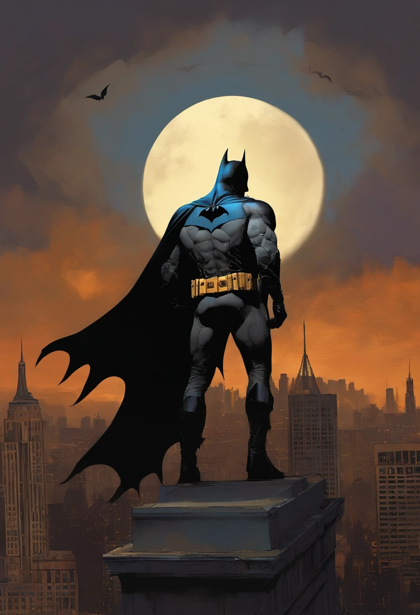 Batman debout , Portrait de Batman, Style de peinture de James Gurney, Portrait de Batman, Ordonnance, Par Craig Mullins, Lighting spotted by Craig Mullins, par Brian Thomas, par James Ryman, inspired by Jim Lee, par James Gurney, par Dave Dorman, Portrait Batman Ancienne Bible, par Chris Moore, par Robert Peak, (no signature),(The image is a close-up shot of Batman standing on the rooftop, with the Bat-Signal in the background illuminating the Gotham City skyline.:1.2)