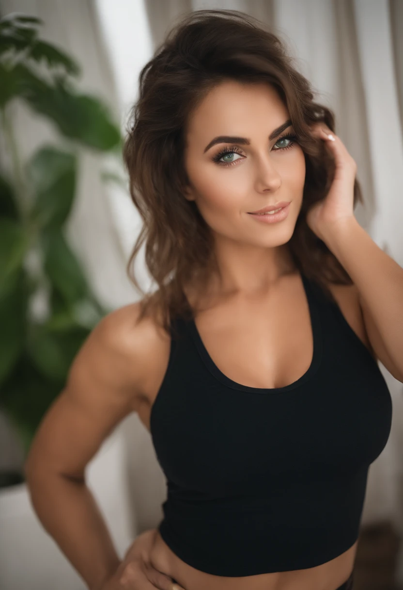 Arafed woman with tank top and matching leggings, fille sexy aux yeux vert, cheveux bruns et grands yeux, selfie of a young woman, magrébine, Yeux de chambre, sans maquillage, maquillage naturel, turn to look at the camera, Visage avec Artgram, Maquillage subtil, Superbe photo du corps entier, dans la chambre, cul sexy, fesses mignonnes