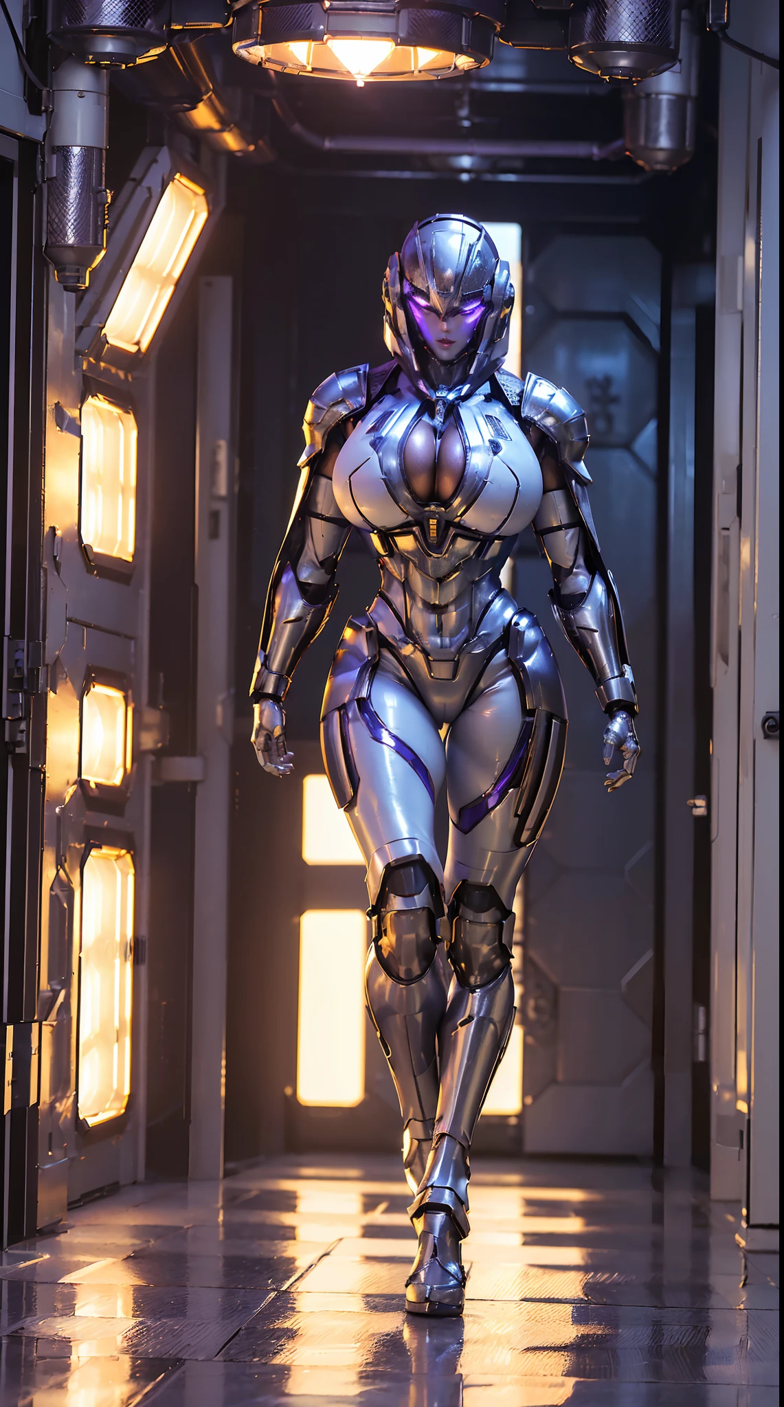 (1GIRL, SOLO), (ssmile, makeup, beautifull eyes, red_libs, dark_hair), (BIG BUTTOCKS, HUGE BOOBS:1.4), (PHOENIX MECHA GUARD ARM, GLOVES:1.3), (white, purple, MECHA CYBER SHINY ARMORED SUIT, ROYAL CAPE, CLEAVAGE, MECHA SKINTIGHT PANTS, GUARD ARMOR LEGS, HIGH HEELS:1.4), (MUSCULAR BODY, SEXY LONG LEGS, FULL BODY:1.5), (MUSCLE ABS:1.2), (LOOKING AT VIEWER:1.3), (WALKING DOWN HALLWAY OF FUTURISTIC SPACE STATION, BRIGHT LIGHTING IN THE ROOM:1.3), PHYSICALLY-BASED RENDERING, ULTRA HIGHT DEFINITION, 16K, 1080P.