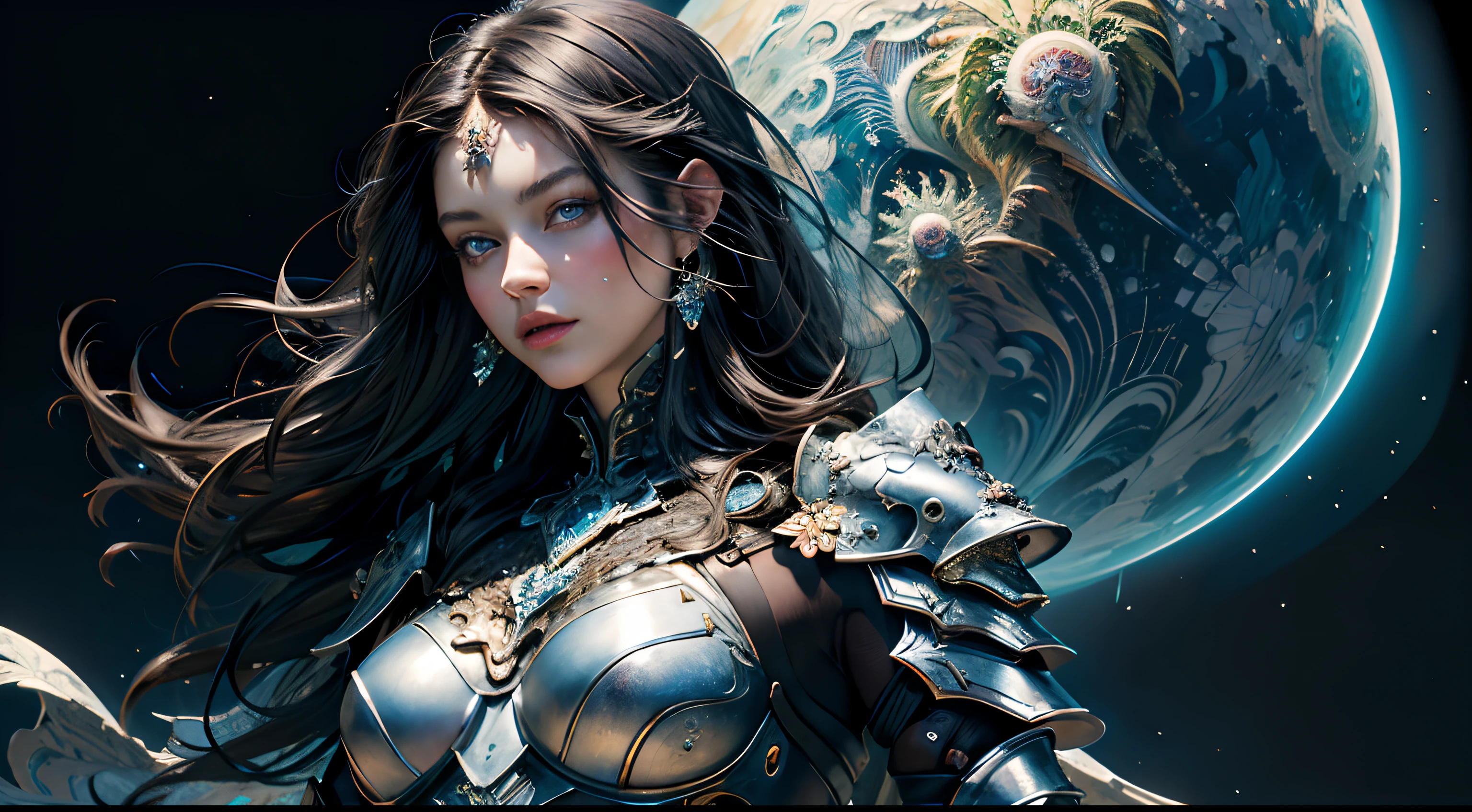 (masterpiece, top quality, best quality, official art, beautiful and aesthetic:1.2), extreme detailed,(fractal art:1.3),colorful,highest detailed, (1girl), black hair, blue eyes, fair skin, skiny silver, armor