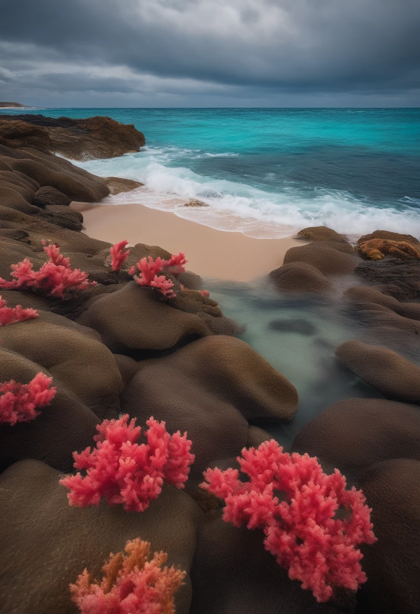 vista al mar con hermosas olas pegando en el arrecife de coral, 4k, ultra realista, toque romantico