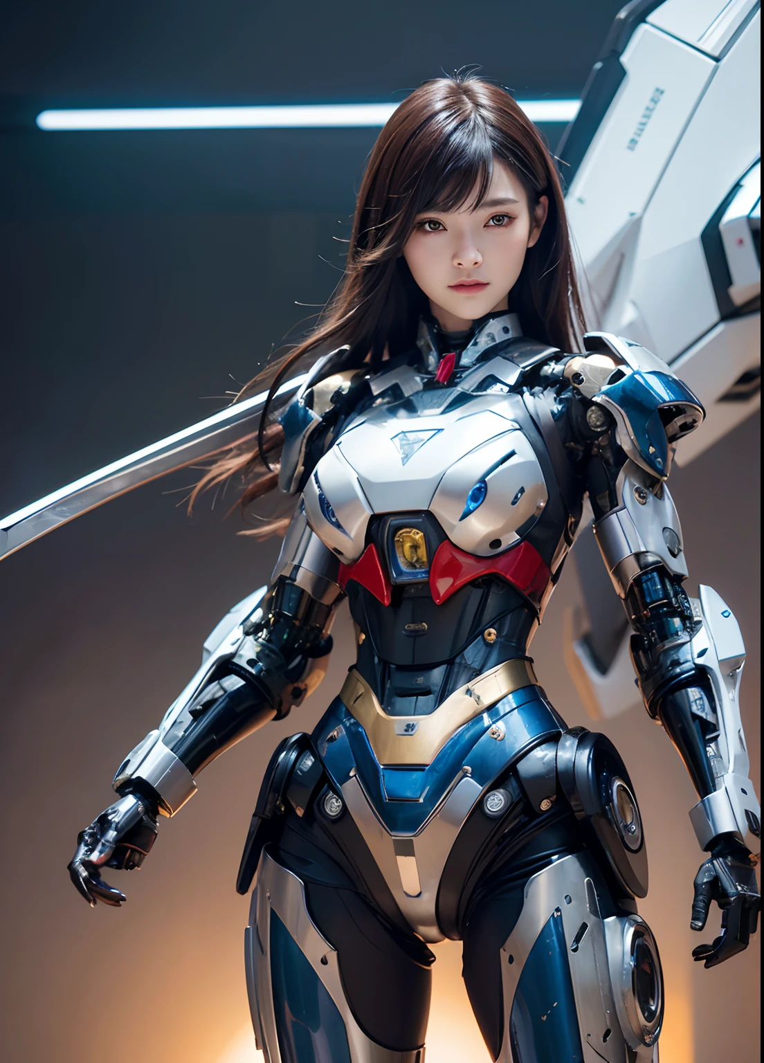 Textured skin, Super Detail, high details, High quality, Best Quality, hight resolution, 1080p, hard disk, Beautiful,(cyborgs),beautiful cyborg woman,Mecha Cyborg Girl,Battle Mode,Girl with a Mecha Body,She wears a battle cyborg mech with a weapon,Fulll body Shot