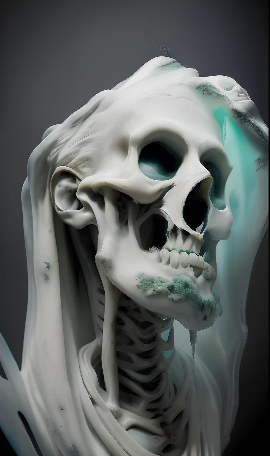 . ultra detailed marble and jade sculpture of a female necromancer, skeleton face, volumetric fog, Hyperrealism, breathtaking, ultra realistic, ultra detailed, cyber background, cinematic lighting, highly detailed, breathtaking, photography, stunning environment, wide-angle