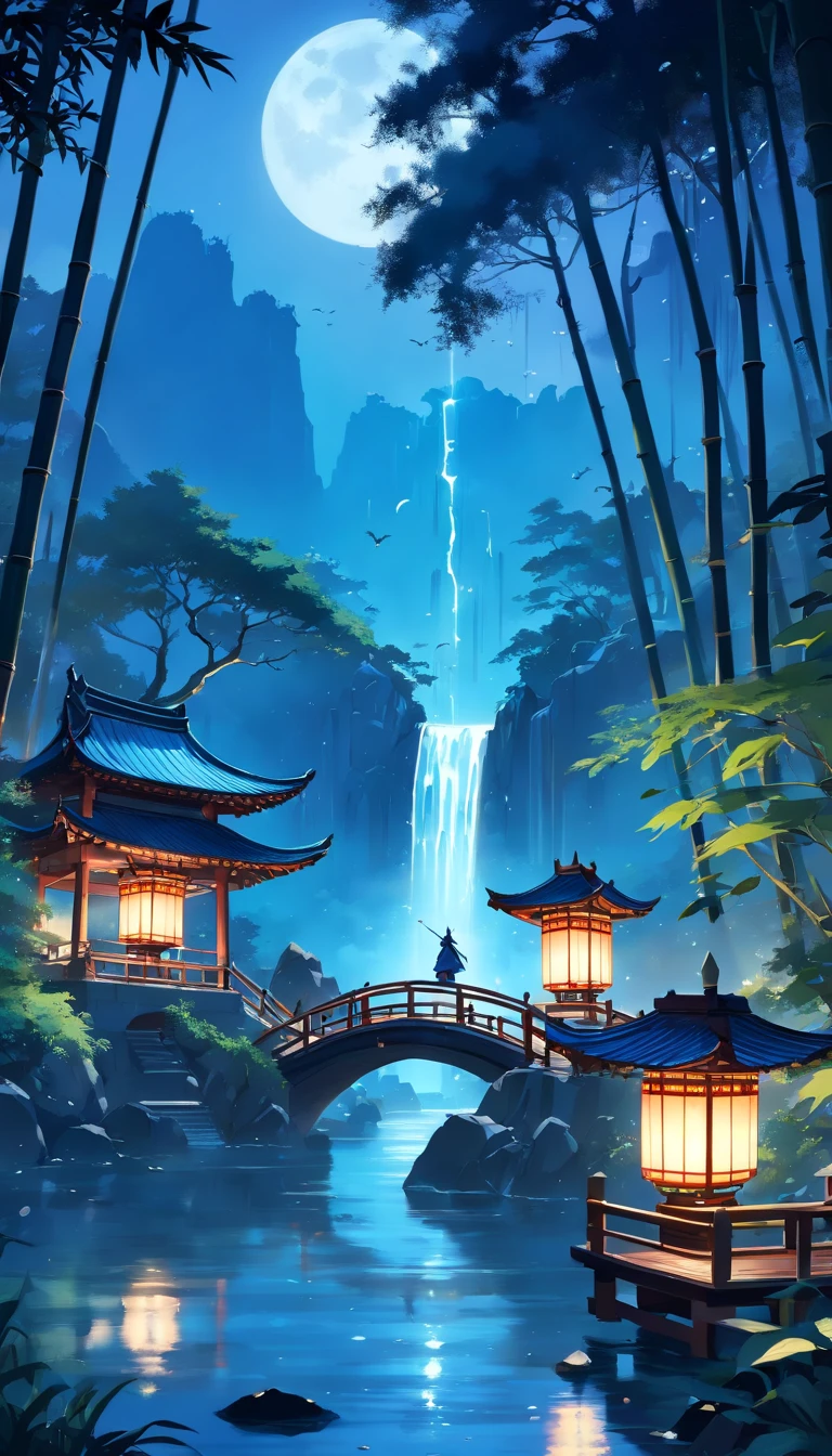 tmasterpiece, best qualityer, Chinese martial arts style, Asian night view with lanterns and water lilies, The Asian lagoon has many lanterns and boats at night,There are a lot of lights and boats on the water, Lake surface, lotuses, beautiful night scene, (( (Chinese martial arts style))), with vast sky, Continuous mountains and steep cliffs, ink wash style, outline light, Atmospheric atmosphere, depth of fields, mist rising, Bamboo, pines, Octagonal stone pavilion, waterfall flowing water, large full moon, (No color), single body, Light shades, (((There is a wizard / The Dark Knight appears)))