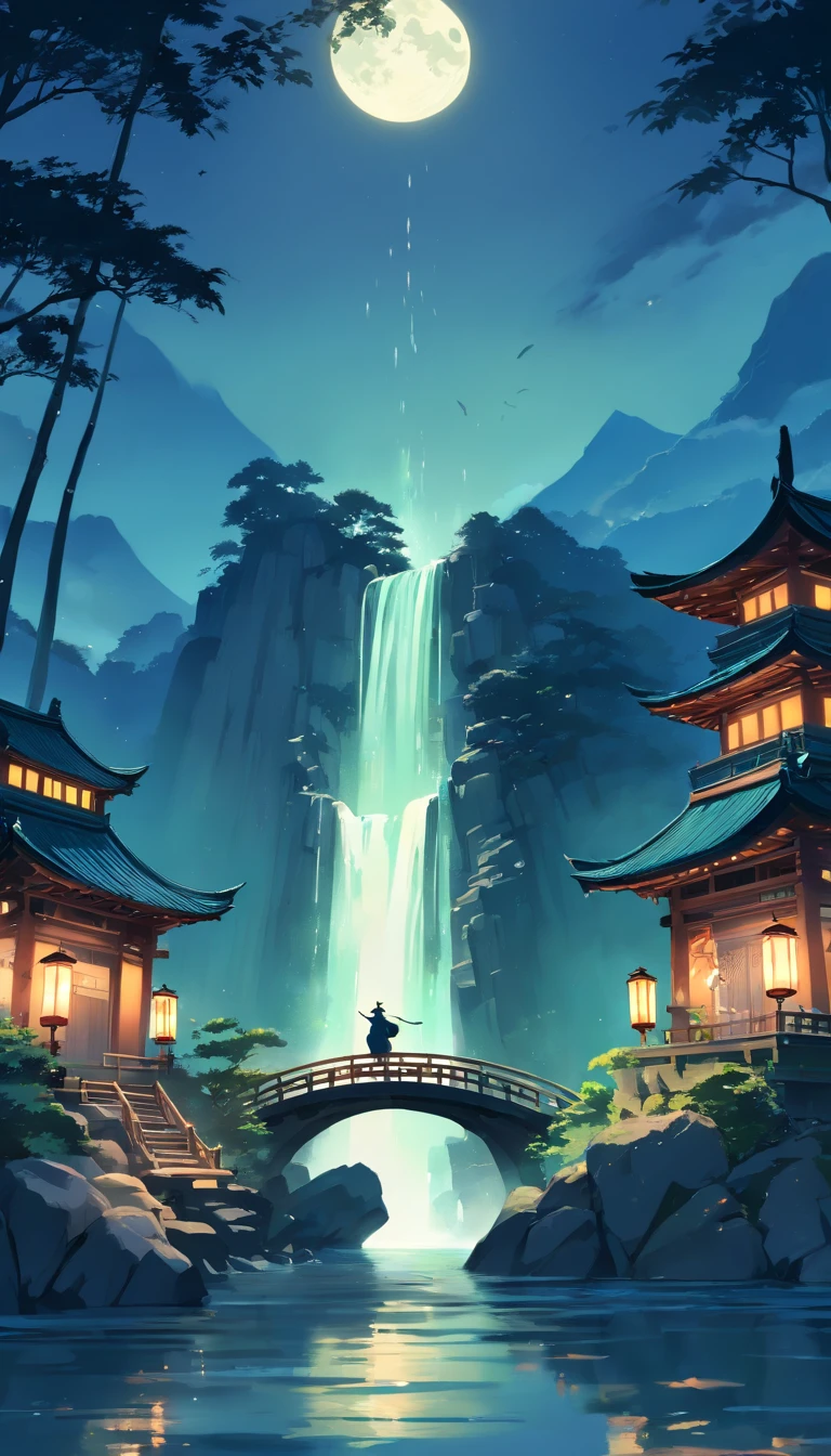 tmasterpiece, best qualityer, Chinese martial arts style, Asian night view with lanterns and water lilies, The Asian lagoon has many lanterns and boats at night,There are a lot of lights and boats on the water, Lake surface, lotuses, beautiful night scene, (( (Chinese martial arts style))), with vast sky, Continuous mountains and steep cliffs, ink wash style, outline light, Atmospheric atmosphere, depth of fields, mist rising, Bamboo, pines, Octagonal stone pavilion, waterfall flowing water, large full moon, (No color), single body, Light shades, (((There is a wizard / The Dark Knight appears)))