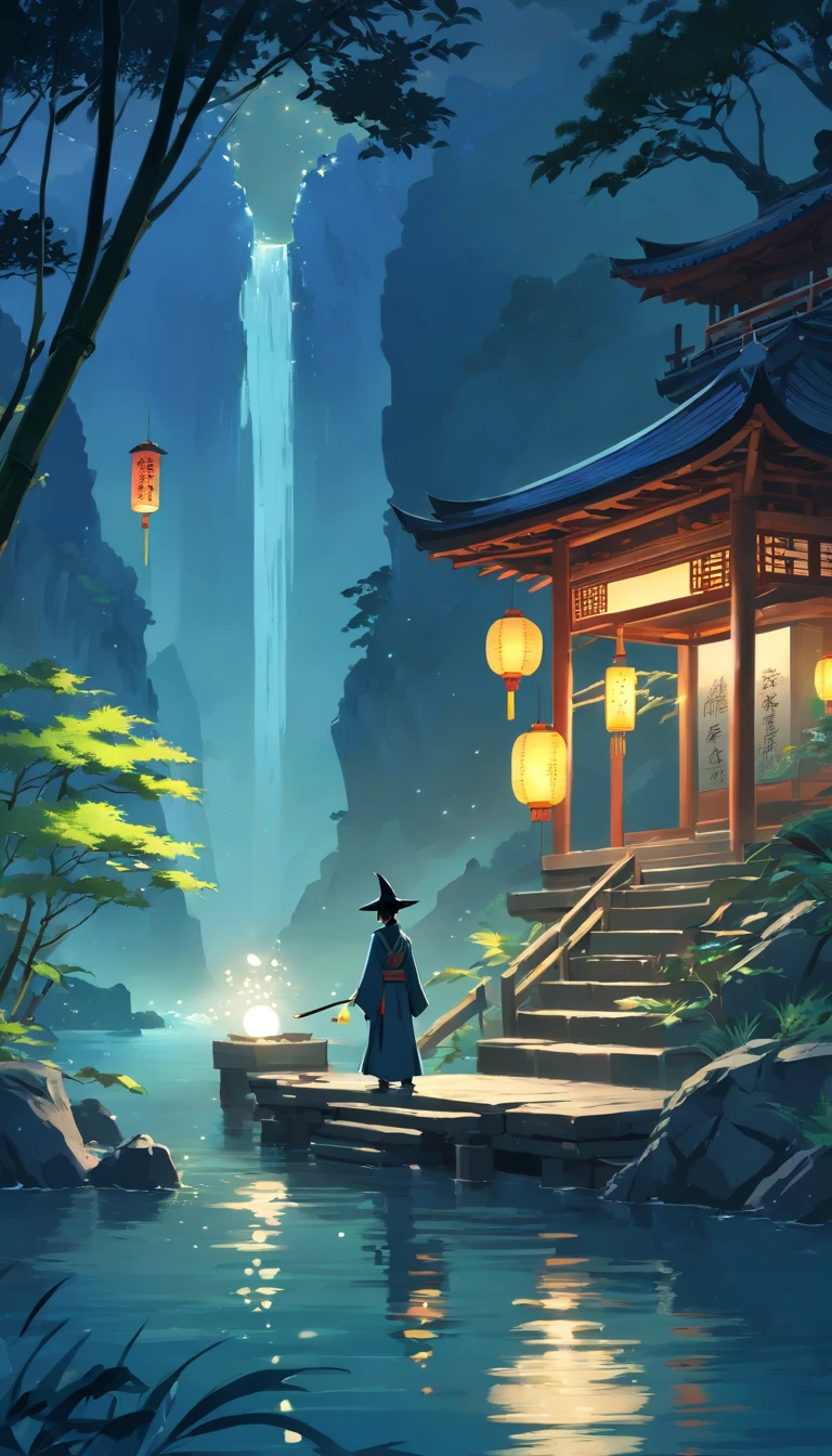 tmasterpiece, best qualityer, Chinese martial arts style, Asian night view with lanterns and water lilies, The Asian lagoon has many lanterns and boats at night，There are a lot of lights and boats on the water, Lake surface, lotuses, beautiful night scene, (( (Chinese martial arts style))), with vast sky, Continuous mountains and steep cliffs, ink wash style, outline light, Atmospheric atmosphere, depth of fields, mist rising, Bamboo, pines, Octagonal stone pavilion, waterfall flowing water, large full moon, (No color), single body, Light shades, (((There is a wizard / The Dark Knight appears)))