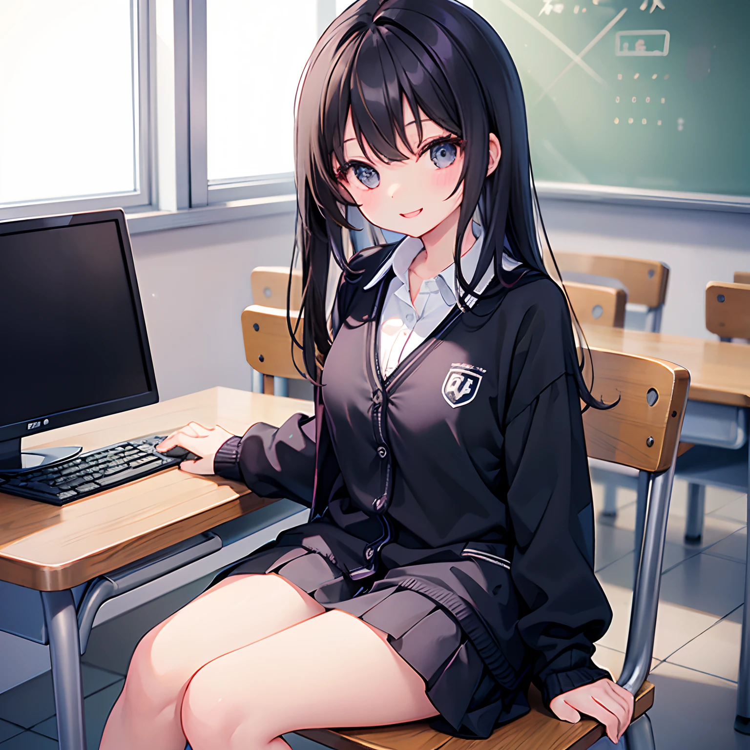 girl with、1 persons、Dark hair、Black eyes、length hair、Cheerful smile、huge smile、Pupils、校服、Cardigan、Schools、Classroom、I am using a computer、Sit up