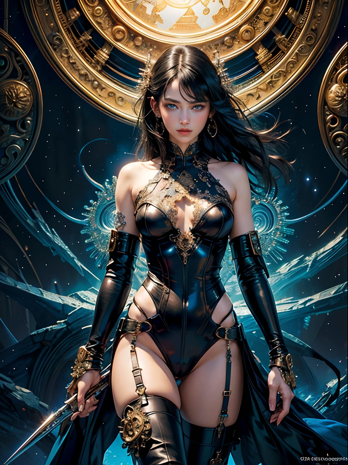 (masterpiece, top quality, best quality, official art, beautiful and aesthetic:1.2), extreme detailed,(fractal art:1.3),colorful,highest detailed, (1girl), black hair, blue eyes, fair skin, skiny, tight black leather clothes, leather straps