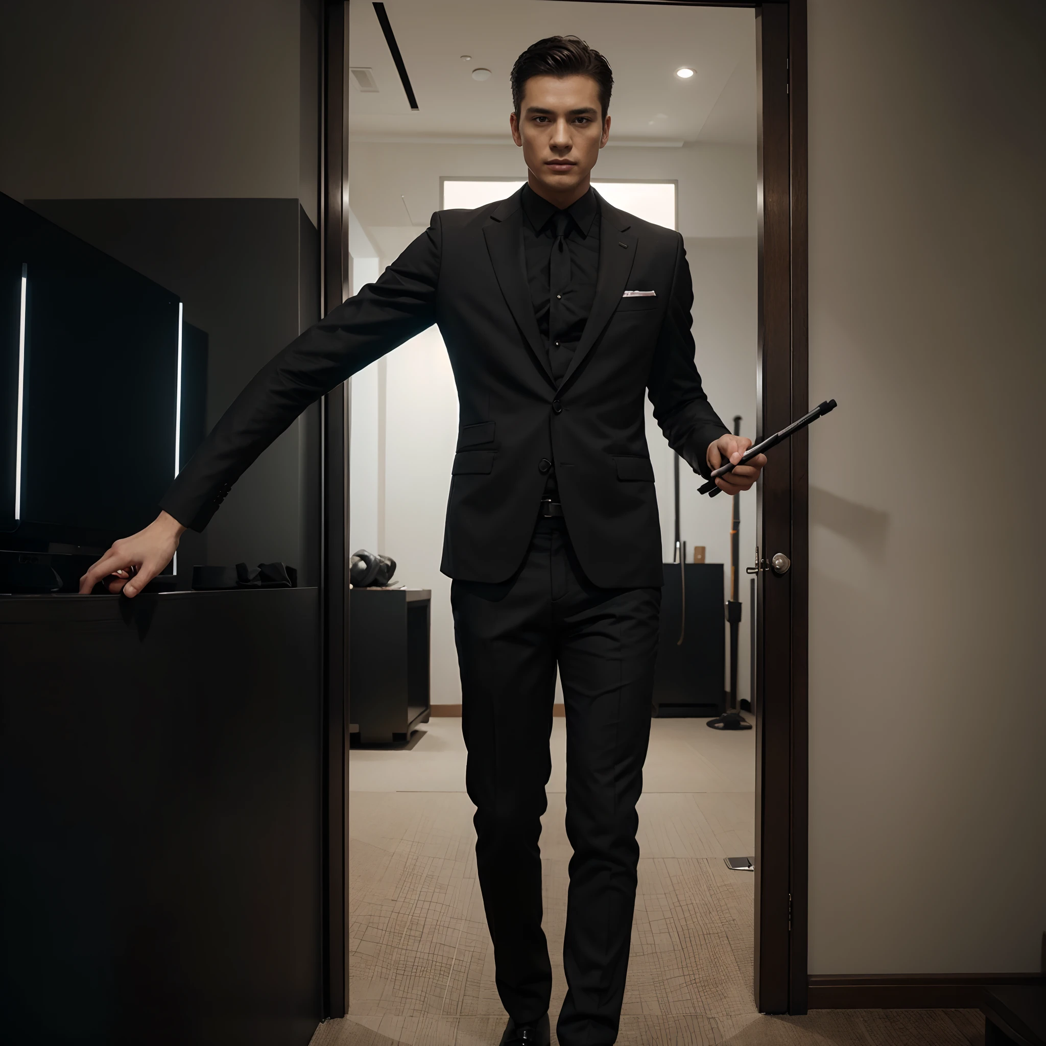 blacksuit、Slim Fit Pants、Cinema Stick Shots、finely detailed background、1 male、gentleman
