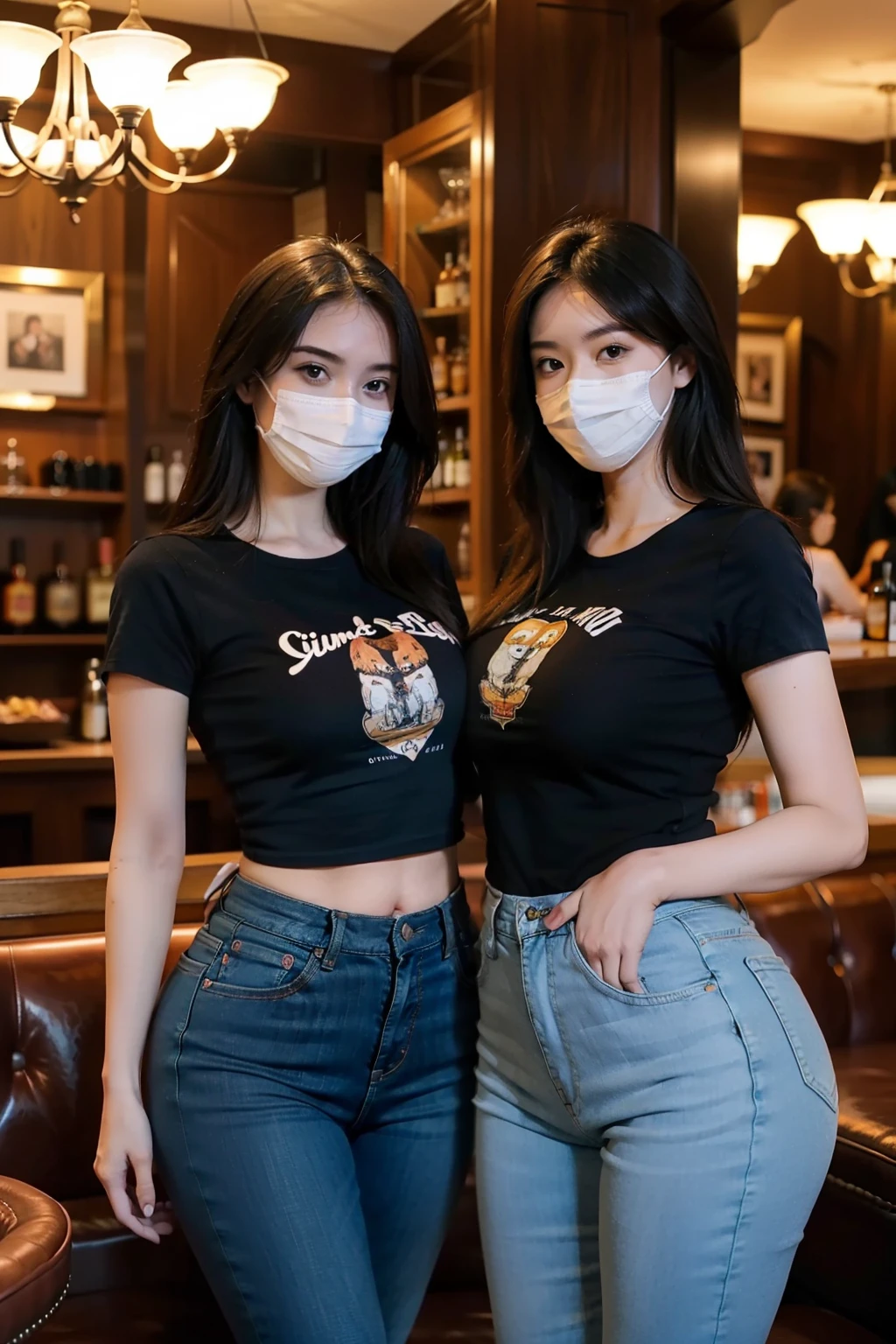 Two beauties in skinny jeans，tee shirt，Plump buttocks，The front is charming，wearing face mask，In the cigar bar