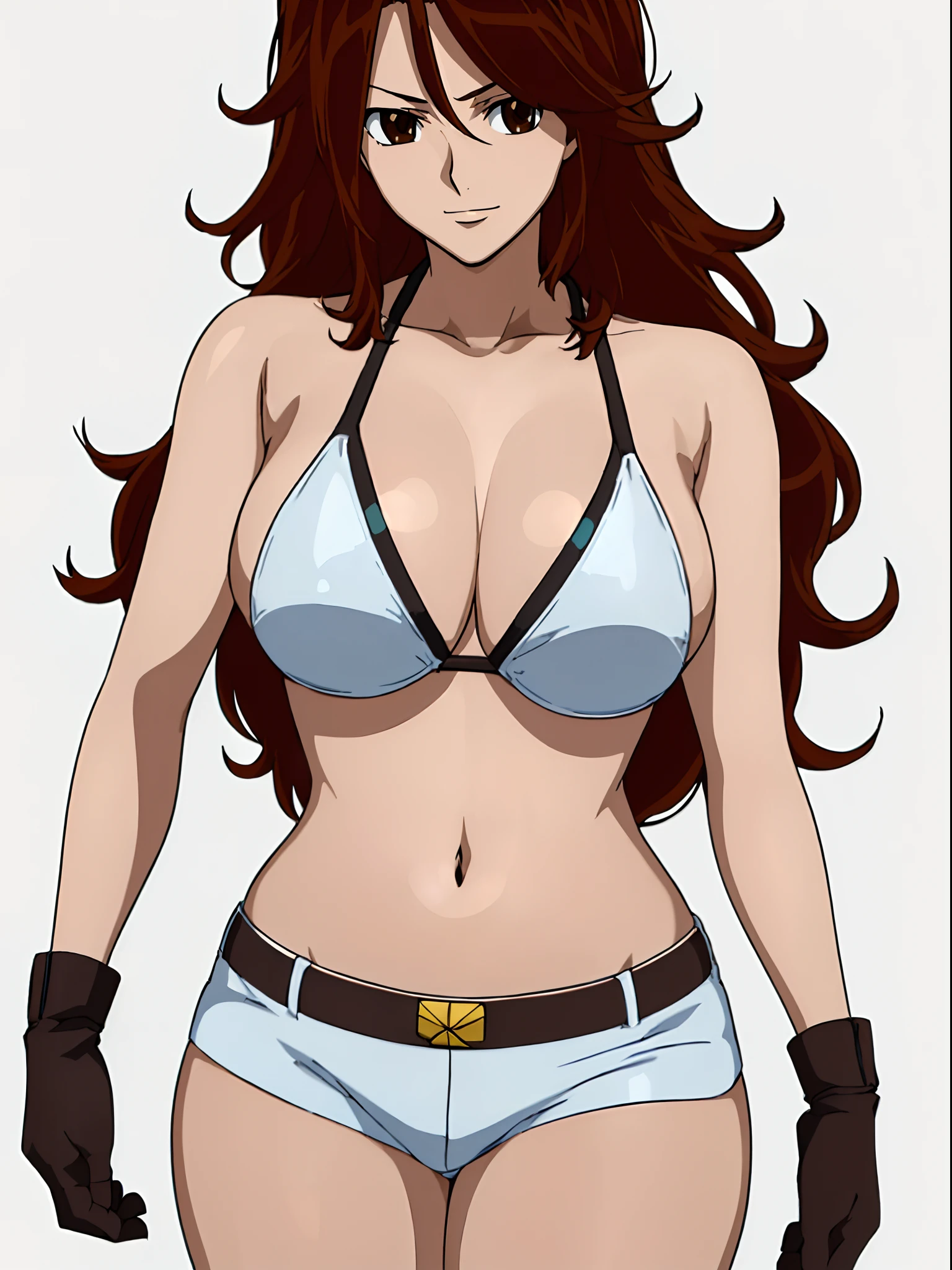 Best Quality, hires, curvy midsection, solo, 1 girl, strong woman, female wrestler, smile, happy), (detailed titration screen, upper body only, anime style: 1.8, anime drawing, ultra detailed face, ultra detailed body, 4k, Sumergai Lee Noriega, (standing), best quality, anime style, hires, highest definition, digital blending, bold drawing lines, ((wwe diva), ((White Background)), ( pro female wrestler, long attractive belly, slim body, (strong arm muscles), broad shoulders , off-shoulders, closed fists, (very curvy: 2.8)), ((elegant red bikini , shorts, white gloves, collar, arm band, (champion belt))), (pale skin, big breasts, closed mouth), (big eyes, brown eyes, shiny eyes), (), (reddish hair, loose hair, curly hair, wavy hair, long hair, missy hair), 27 years old