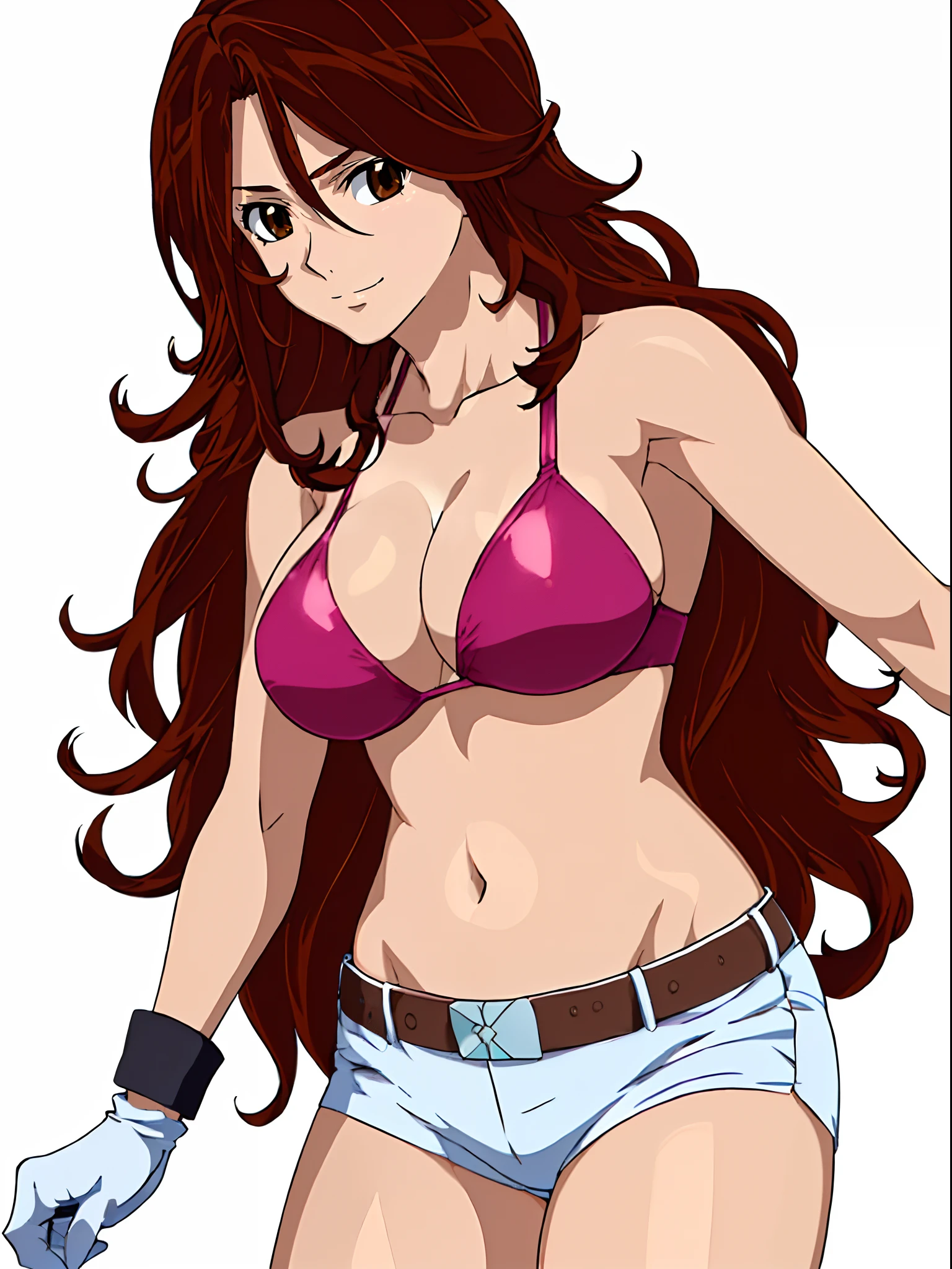 Best Quality, hires, curvy midsection, solo, 1 girl, strong woman, female wrestler, smile, happy), (detailed titration screen, upper body only, anime style: 1.8, anime drawing, ultra detailed face, ultra detailed body, 4k, Sumergai Lee Noriega, (standing), best quality, anime style, hires, highest definition, digital blending, bold drawing lines, ((wwe diva), ((White Background)), ( pro female wrestler, long attractive belly, slim body, (strong arm muscles), broad shoulders , off-shoulders, closed fists, (very curvy: 2.8)), ((elegant red bikini , shorts, white gloves, collar, arm band, (champion belt))), (pale skin, big breasts, closed mouth), (big eyes, brown eyes, shiny eyes), (), (reddish hair, loose hair, curly hair, wavy hair, long hair, missy hair), 27 years old