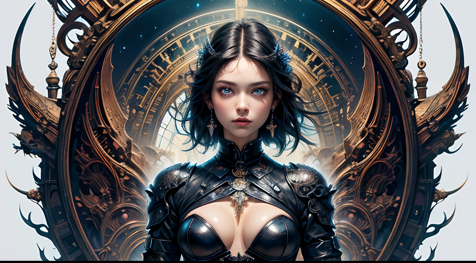 (masterpiece, top quality, best quality, official art, beautiful and aesthetic:1.2), extreme detailed,(fractal art:1.3),colorful,highest detailed, (1girl), black hair, blue eyes, fair skin, skiny, tight black leather clothes, leather straps