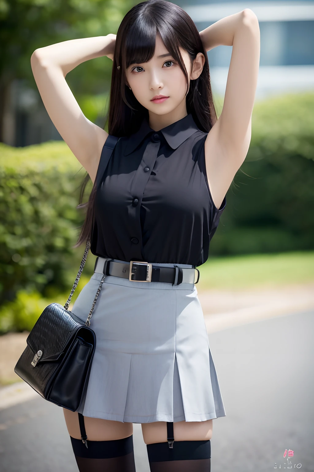 (masutepiece:1.2),High quality,vivd colour,flat-colors,Deep Depth Of Field,Lens Flare,1 girl,Black hair,eyecontact,Suit,Collared shirt,Belt bag,suspenders,Professional,Office Lady,Mature Women,Black mini skirt garterbelts knee high Stockings Black Niso Colorcon armpit sweat perspiring Side of both hands,Black jacket,Gaze,ample ?????,Armpit sweat,Exposing the armpits"Pichi Pichi clothes