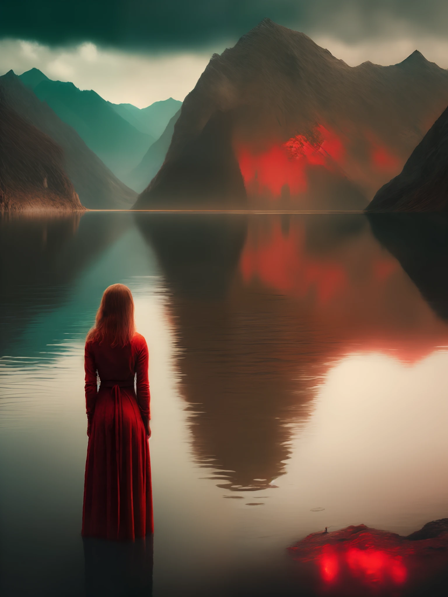 a woman in brown clothes stands with her back to us, waist-deep in the center of the lake surrounded by mountains, gloomy, red on the water. cinematic, photorealistic, back lighting, movie poster