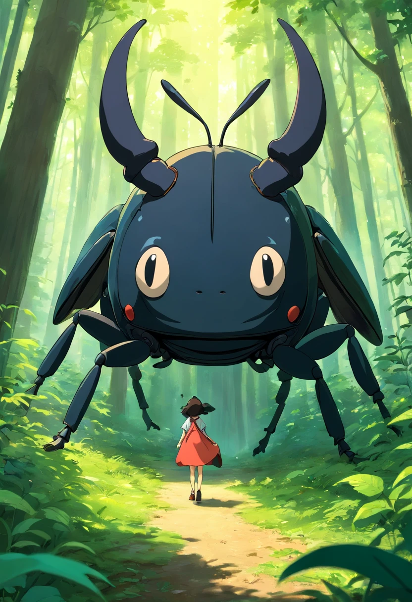 Curious black big thing in forest in 3d drawing beetle sticking out of head