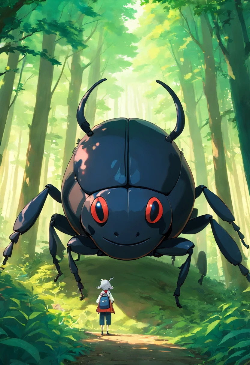 Curious black big thing in forest in 3d drawing beetle sticking out of head