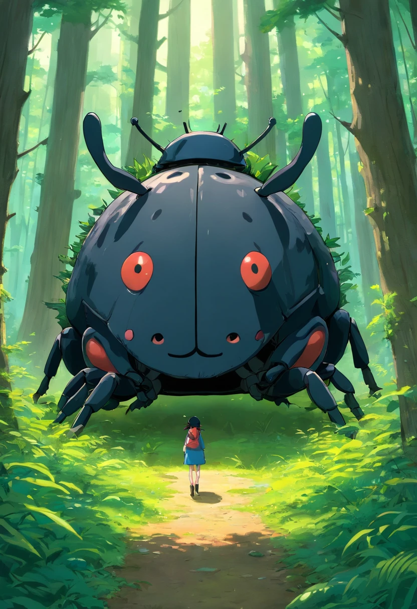 Curious black big thing in forest in 3d drawing beetle sticking out of head