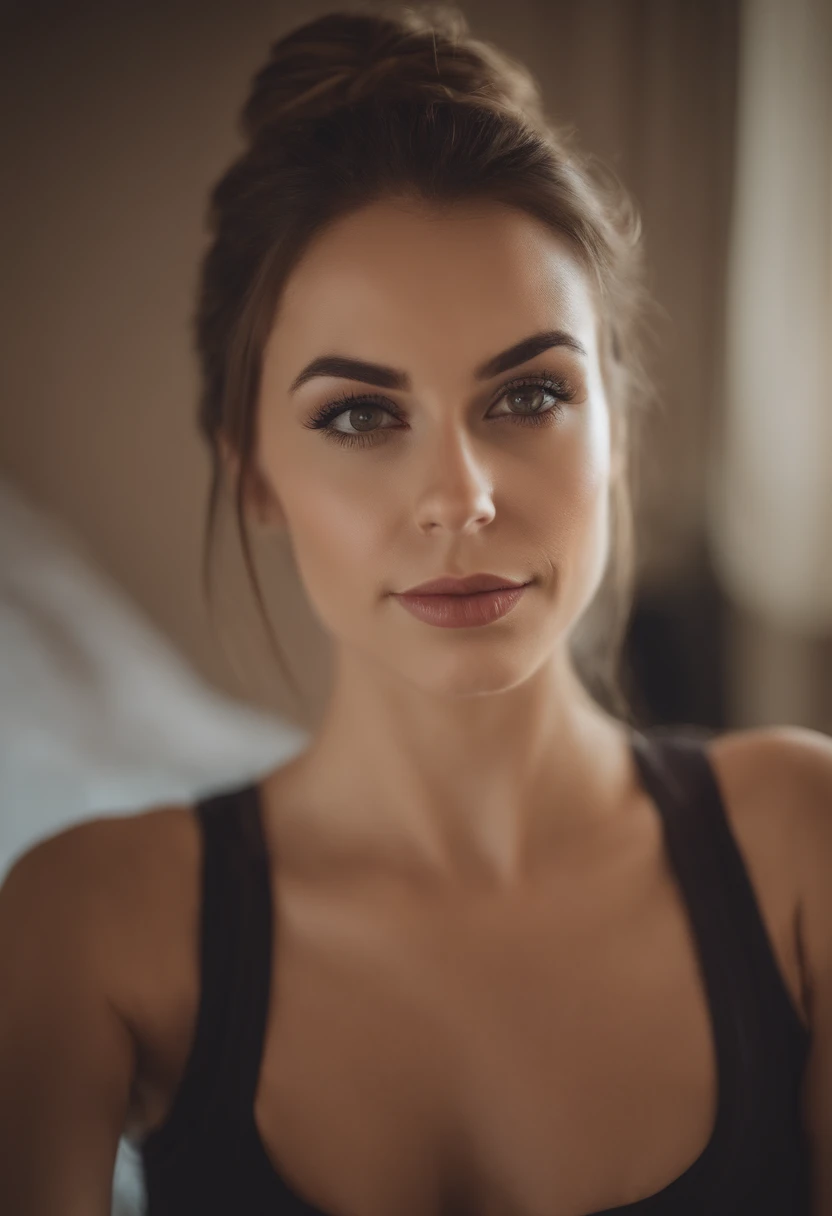 Woman with matching tank top and leggings, fille sexy aux marrons, brown hair tied up and big eyes, Front selfie of a young woman, magrébine, Yeux de chambre, sans maquillage, maquillage naturel, look at camera, Visage avec Artgram, Maquillage subtil, Superbe photo du visage, dans la chambre, sexy, grosses fesses