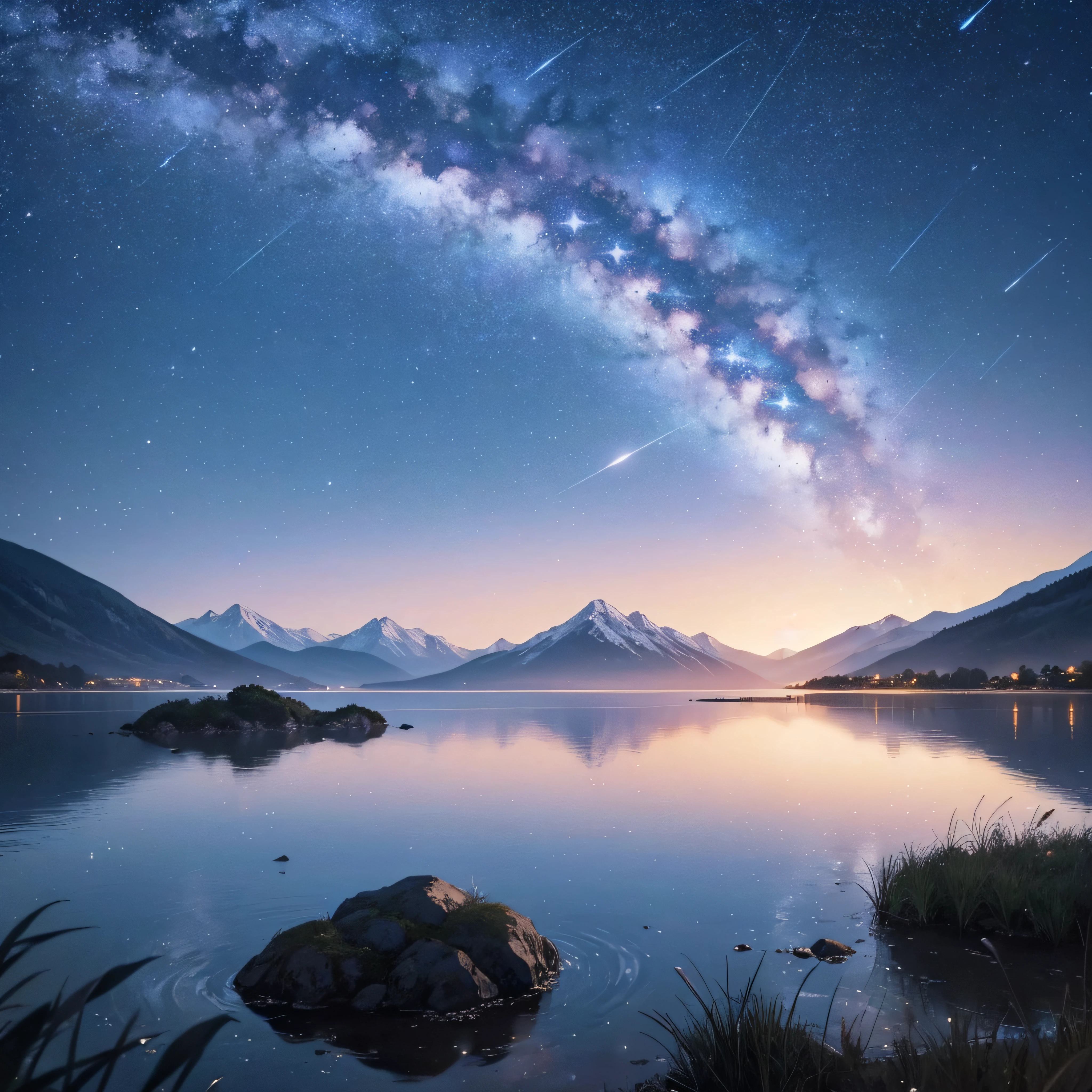 Vast sky: Showing off the vastness of the night sky, Let the stars and shooting stars occupy a significant part of the composition., Dynamic Shooting Star: Shooting stars capture the movement and energy across the sky, Creates movement and a sense of wonder., serene landscape: Consider adding tranquil scenery, mountain in the distance々and calm waters, etc., To raise the sense of peace and tranquility. --auto