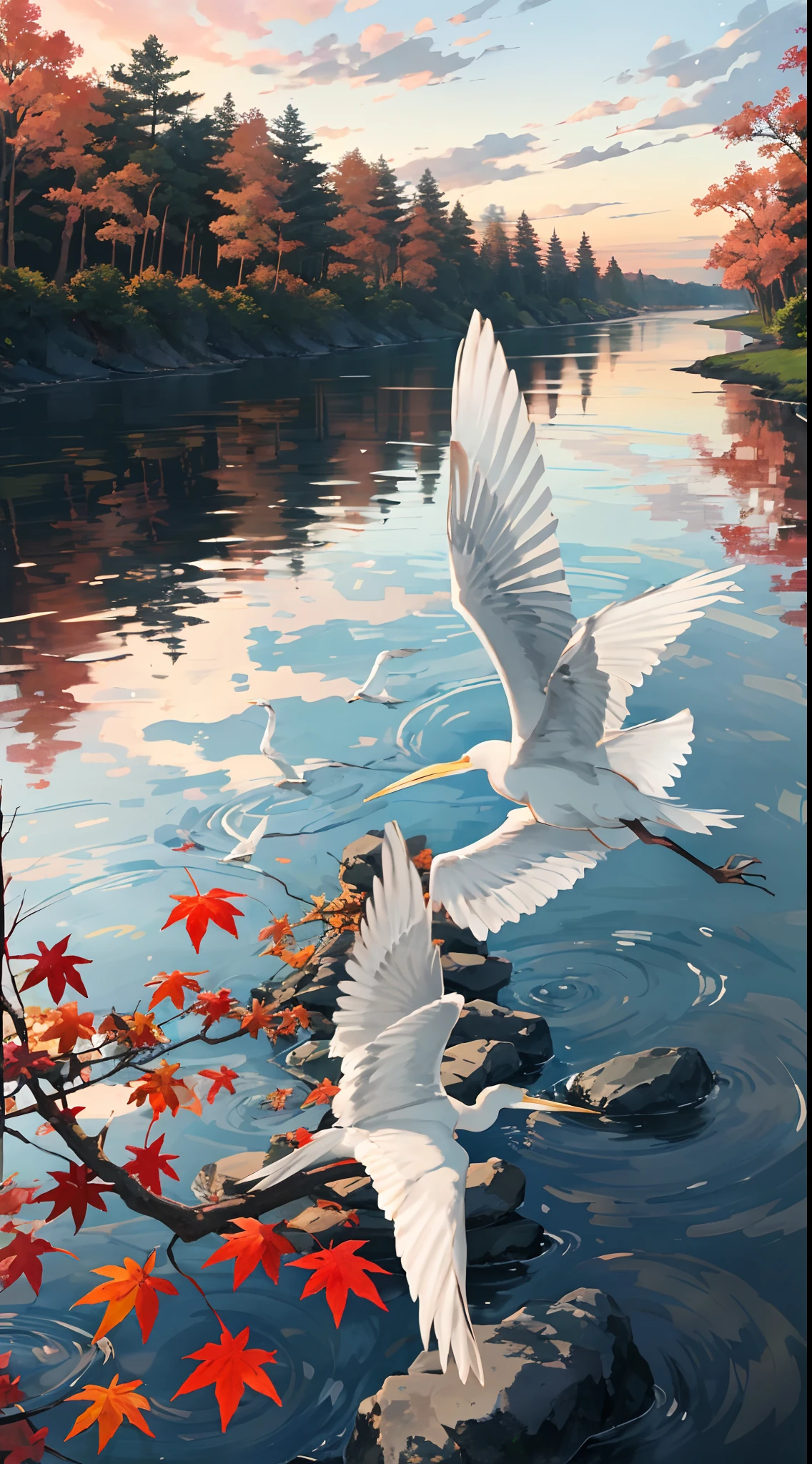 The sunset flies with the egret,Egrets spread their wings and fly,Sunset glow on autumn The river grows the same color as the sky,Clear water,Water surface reflection,Starry sky,Sunset glow,