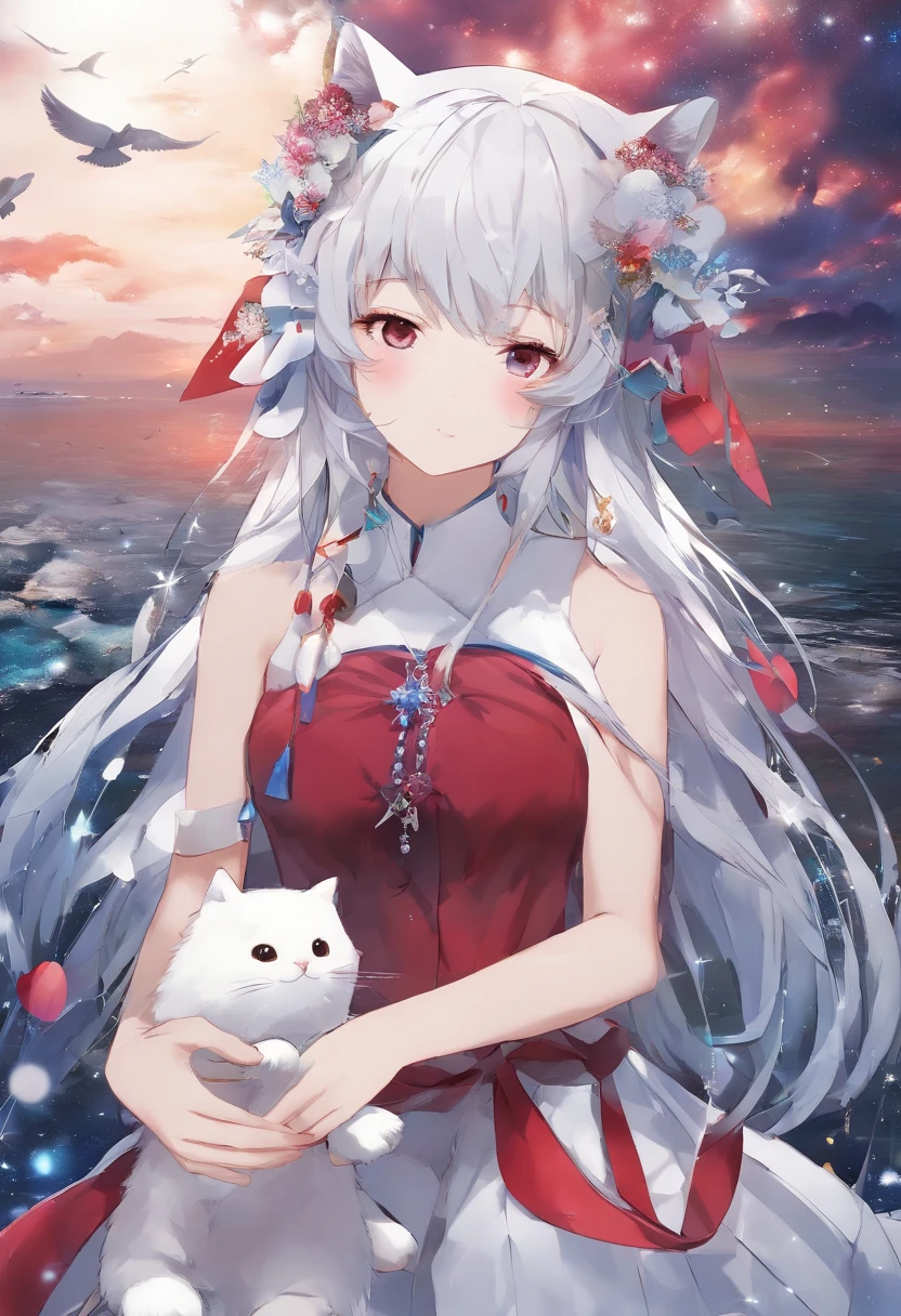 (breathtaking scenery、Arctic Circle、drift ice:1.1),1with animal1a person、short blond hair、With snowflake shaped hair ornament、Talking to a white bear on the ice floes、Beautiful woman、Red Japanese umbrella、((White Japanese Clothing、Cute Penguins:1.3))、White Nights、Aurora、Stars of the Galaxy々、milkyway、masterpiece、realisitic。Photorealsitic、((Cat's ears、 no sleeves, Wine Red Baseball Cap:1.2)),Blue eyes, Jewelry, earrings, Piercing, BREAK,General Aiden Def