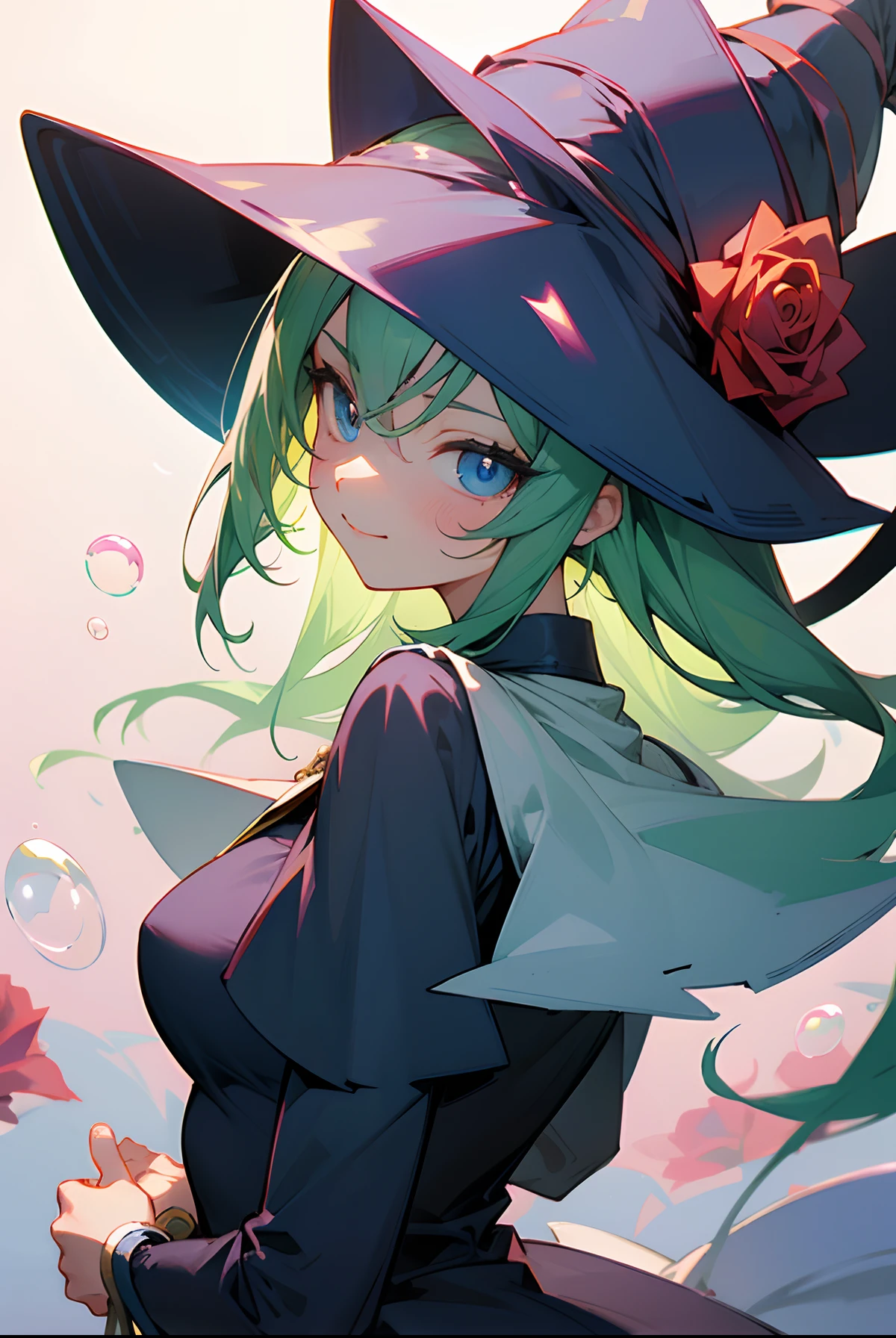 Dark Magician Girl、MKSKS style、独奏、(highly detailed back ground:1.0)、(highly detailed back ground:1.0)、masterpiece、top-quality、超A high resolution、8K、BREAK、(Perched:1.2)、(1/2 and 1 gray/2 Lime Green Hair)、Cat's ears、(Hat with roses on it:1.4)、BREAK、Detailed clothing、white shirt、Detailed skin、glowy skin、A detailed eye、Blue eyes、looking in camera、Burning cheeks、Smile、Large breasts、BREAK、(Soap bubbles:1.2)、natta、dynamic ungle