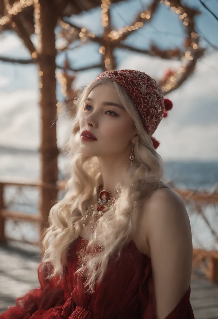 (breathtaking scenery、Arctic Circle、drift ice:1.1),１with animal１a person、short blond hair、With snowflake shaped hair ornament、Talking to a white bear on the ice floes、Beautiful woman、Red Japanese umbrella、((White Japanese Clothing、Cute Penguins:1.3))、White Nights、Aurora、Stars of the Galaxy々、milkyway、​masterpiece、realisitic。Photorealsitic、((Cat's ears、 no sleeves, Wine Red Baseball Cap:1.2)),Blue eyes, Jewelry, earrings, Piercing, BREAK,General Aiden Def