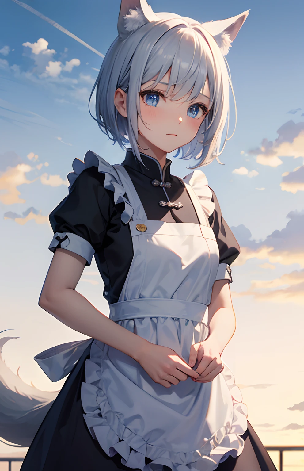 masterpiece,Top image quality,hight resolution,imagem 4k,Raw photo,Photorealsitic,{Solo},teens girl,silber hair,Bery short hair,stare at each other,Blue eyes,小柄,Silver fox ears,Fox tail,,Shy face,,boyish,China Maid,Apron Dresses,frilld,