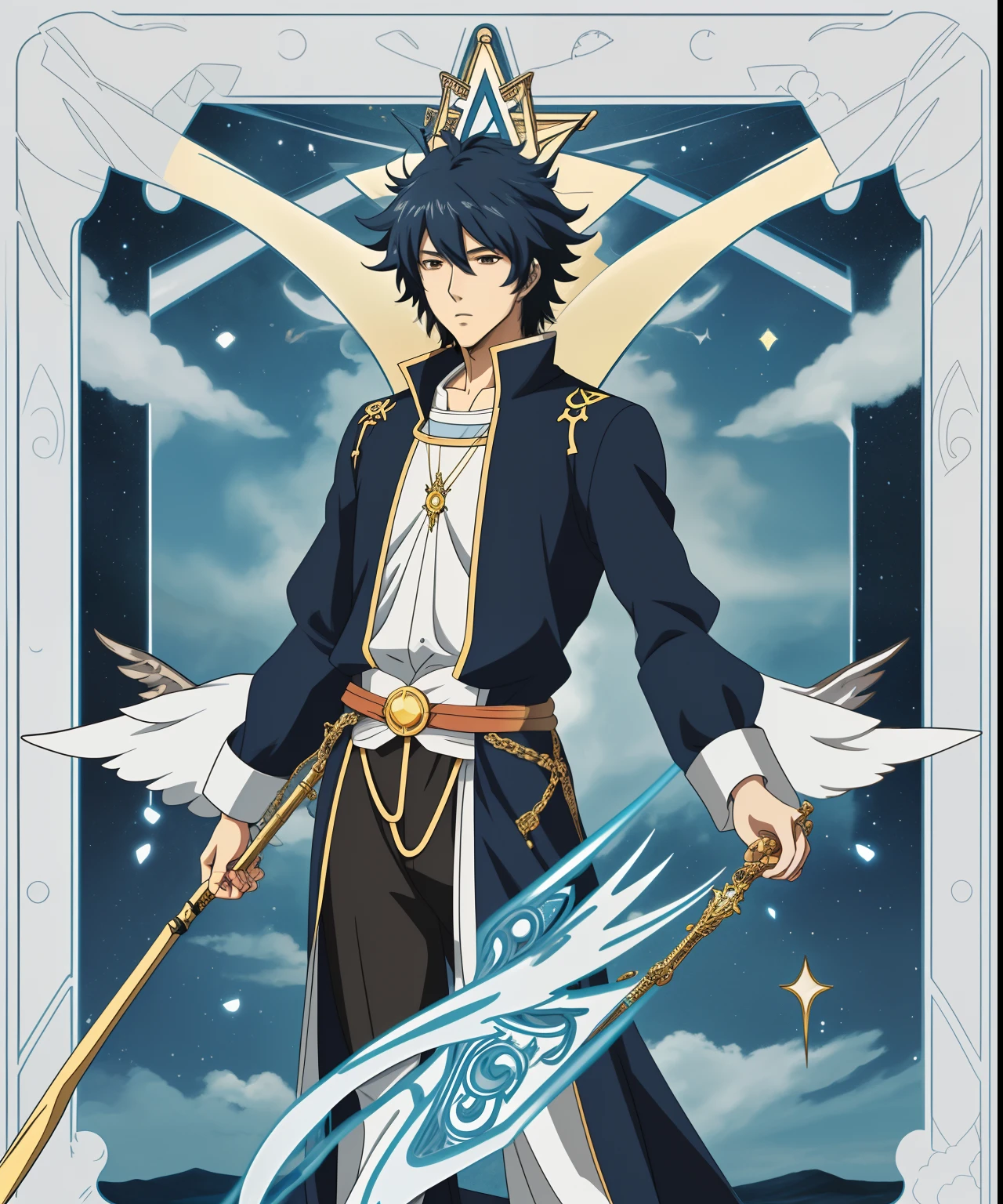 A man person with sky background body. Anime tarot card style
