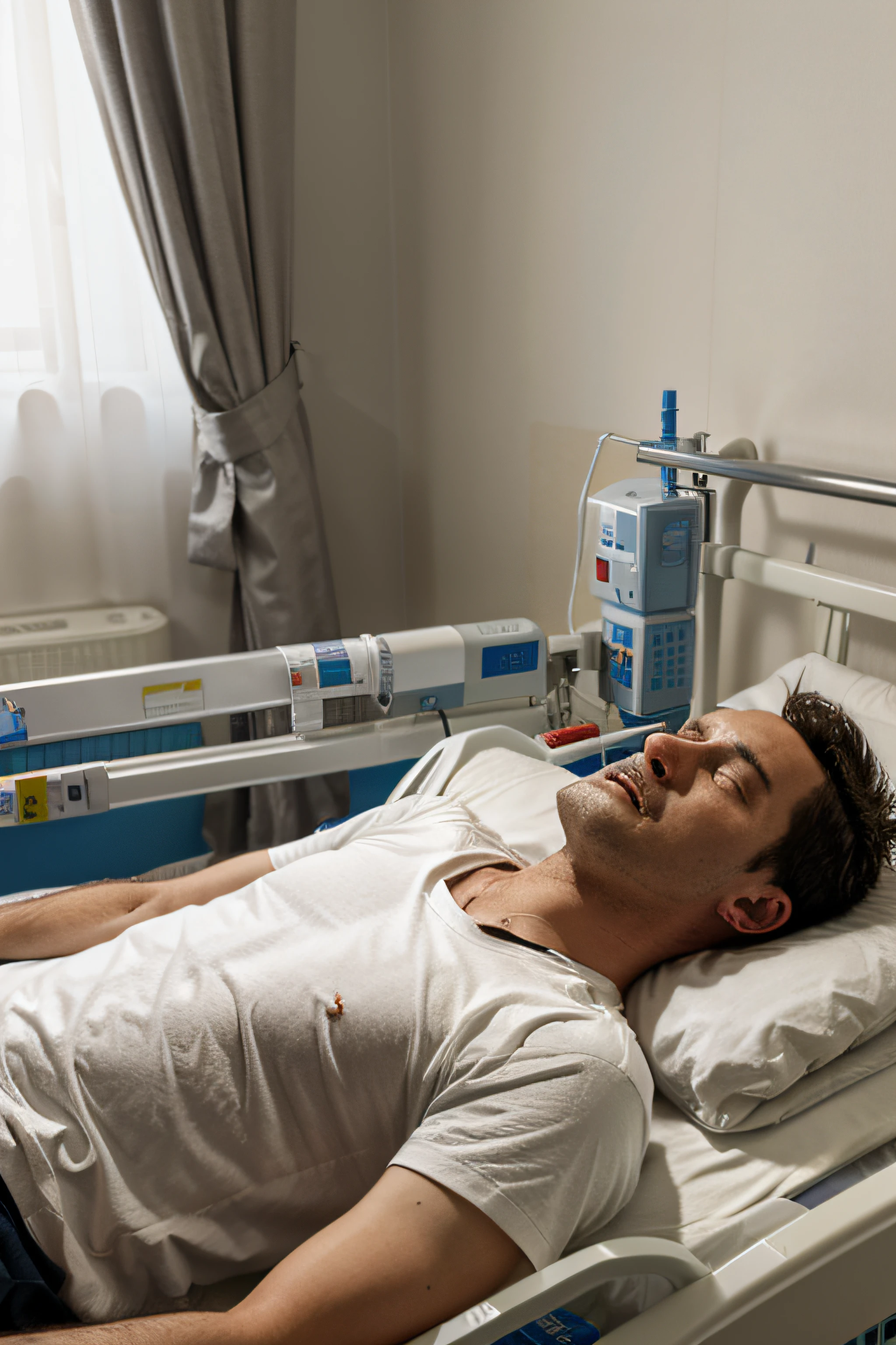 a sick man is sleeping in the hospital bed