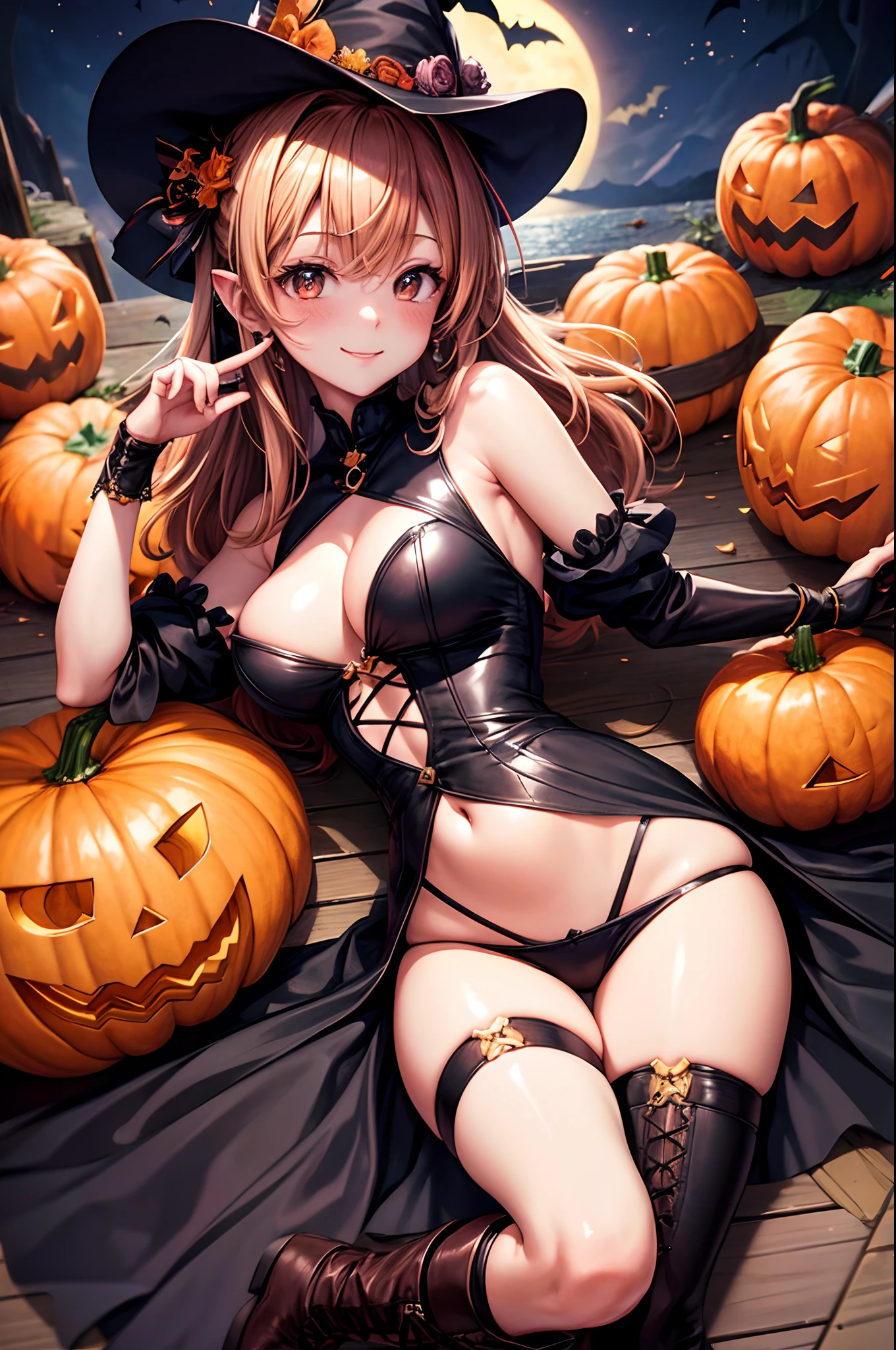 high resolution, Describes the background extensively, blush, magical girl, sister, solo, witch, Halloween, smile, Bat wings on back, Wear black knee-high socks that go all the way up to the thigh., hair behind ear, wariza, Halloween Pumpkins, cleavage, x hair ornament, hair dyed brown, bobbed hair, thighs, boots, moonlight, anime style, dutch angle, best quality, super detail, textured skin, UHD, 4K