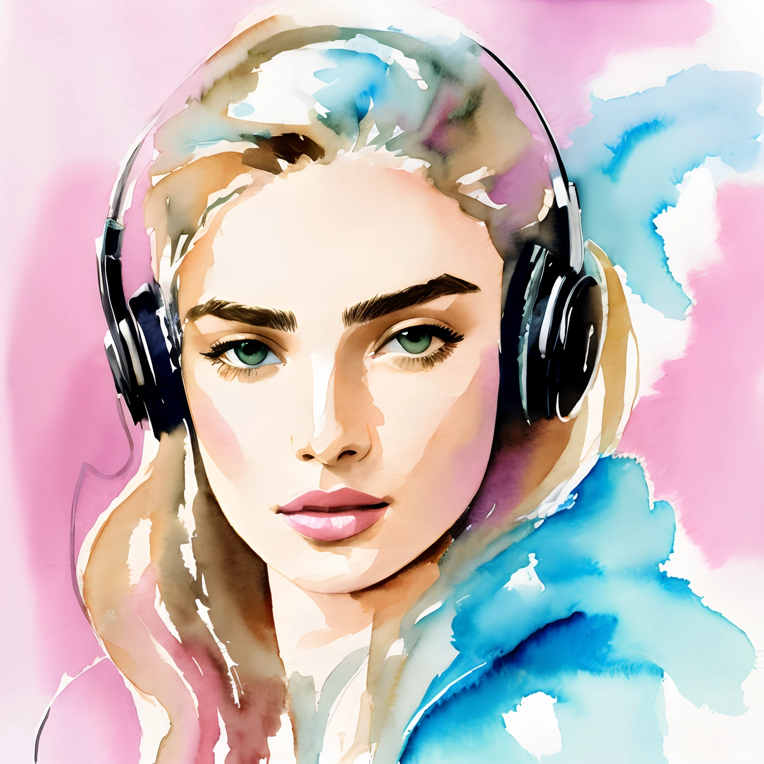David Downton fashion illustration, gentle colors watercolor, blonde woman, thin hair, cute face, Andreea Diaconu, headphones, hoodie, drawing, luxury, calm, lilac, light blue, gentle pink