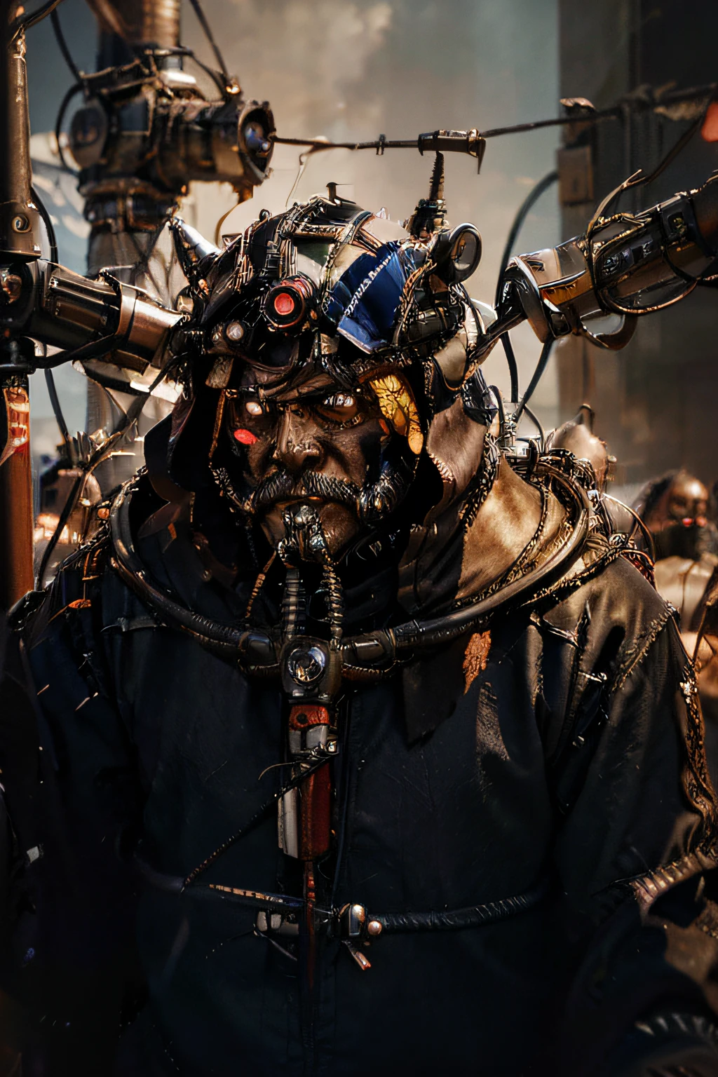 face_portrait, crude, mechanical, adult_male, Japanese, evil, sinister, mustache, mouche, glass_lens_in_right_eye, wires_through_face, wires_in_head, wires_across_head, deformed, stitches_across_face, arrogant, spiteful