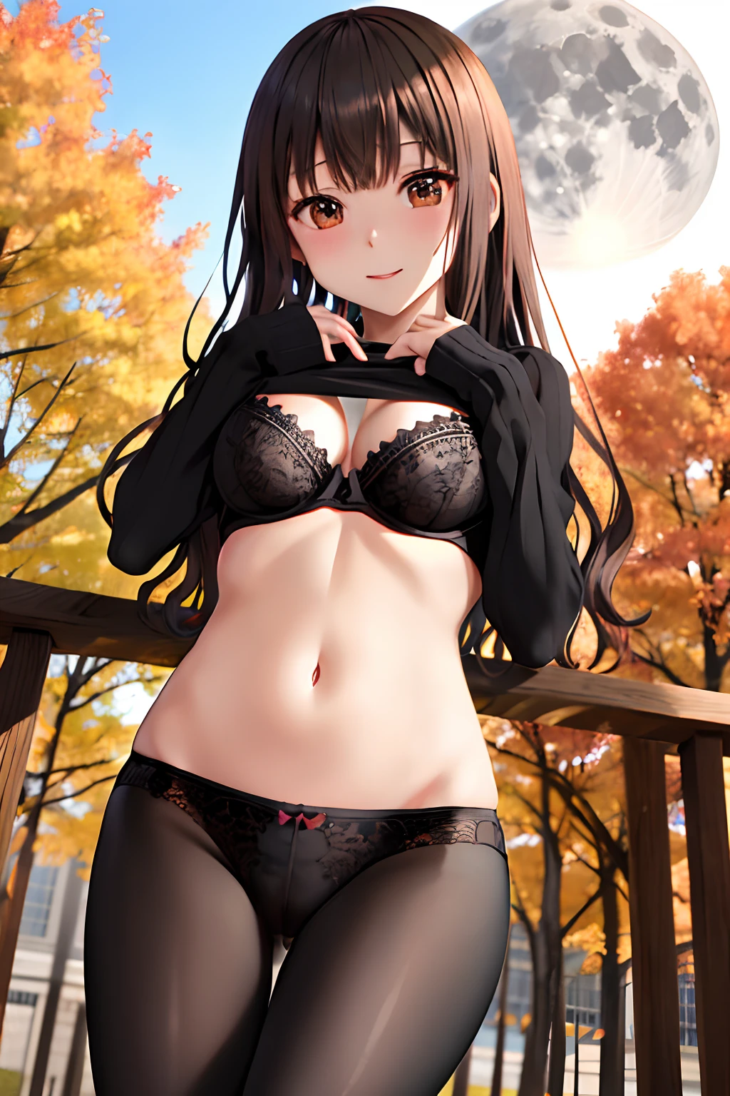 masutepiece, Best Quality, hight resolution, HMKH1, Black pantyhose, Cowboy Shot、fullmoon、Colored leaves、self lift、Photo from below、((Black underwear))、((Black bra))