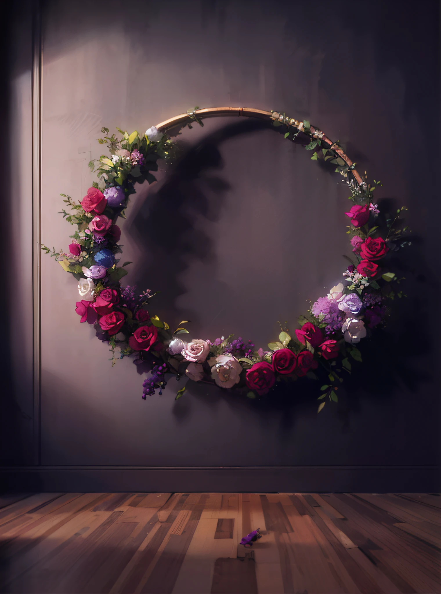 a close up of a wreath of flowers on a wall, portal made of roses, made of dried flowers, made of flowers, made of flowers and berries, flower frame, still life photo of a backdrop, floral design, made of colorful dried flowers, ornamental halo, a hyper realistic, photographic render, floral couture, made of flowers and leaves, beautiful composition