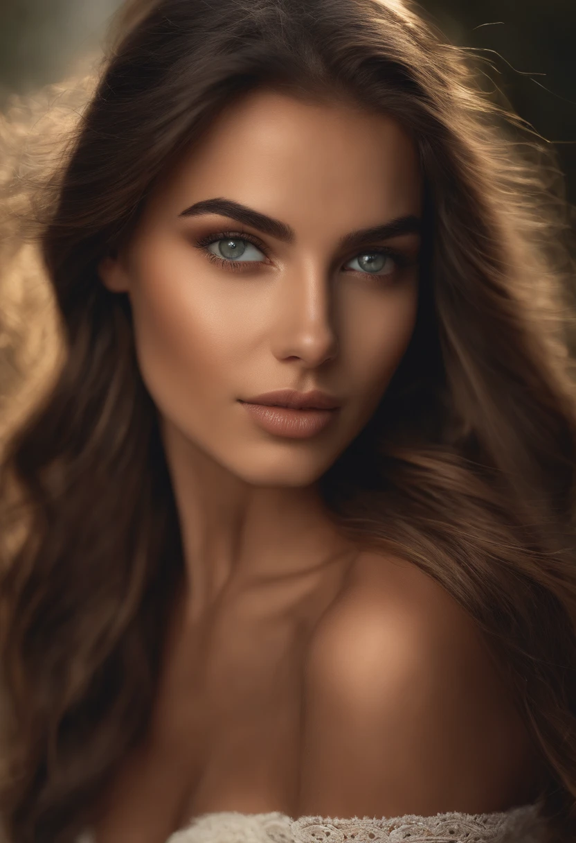 Arafed woman completely , fille sexy aux yeux bruns, ultra realist, Meticulously detailed, cheveux bruns et grands yeux, selfie of a young woman, Yeux de chambre, sans maquillage, maquillage naturel, looking straight at camera, Visage avec Artgram, Maquillage subtil, Superbe photo du visage sur le lit, dans la chambre, Buste de taille grande
