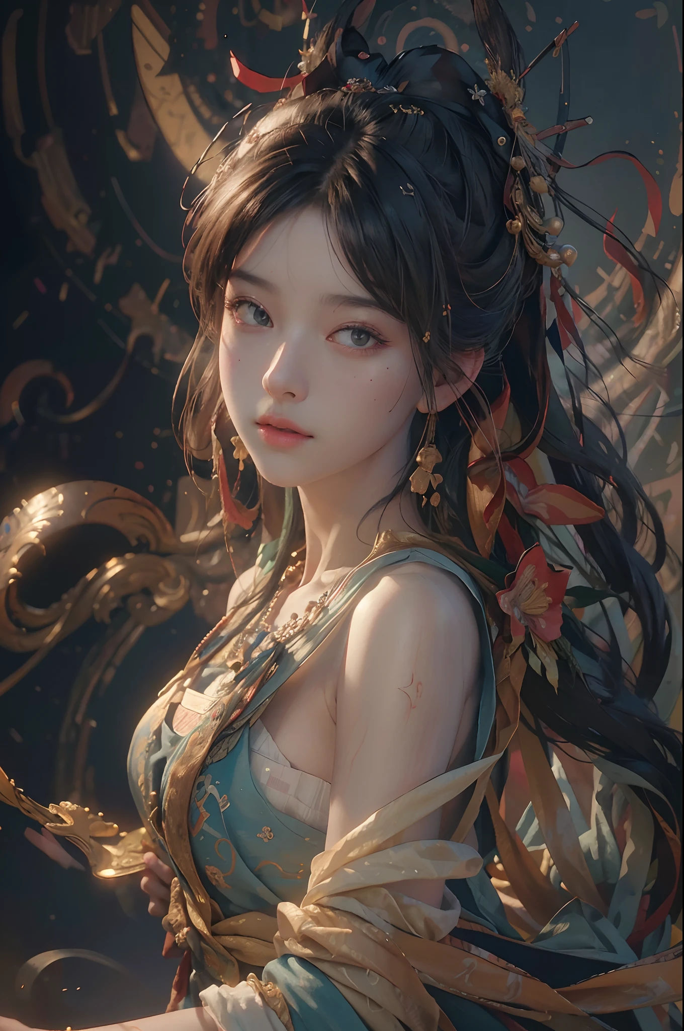 (RAW photo, best quality), (realistic, photo-realistic:1.3),best quality,highly detailed,masterpiece,ultra-detailed,illustration,1girl,upper_body,dynamic angle,world masterpiece theater,messy_long_hair,best quality,extremely detailed CG unity 8k wallpaper,ink,Amazing,cinematic lighting,lens_flare, dunhuang_style