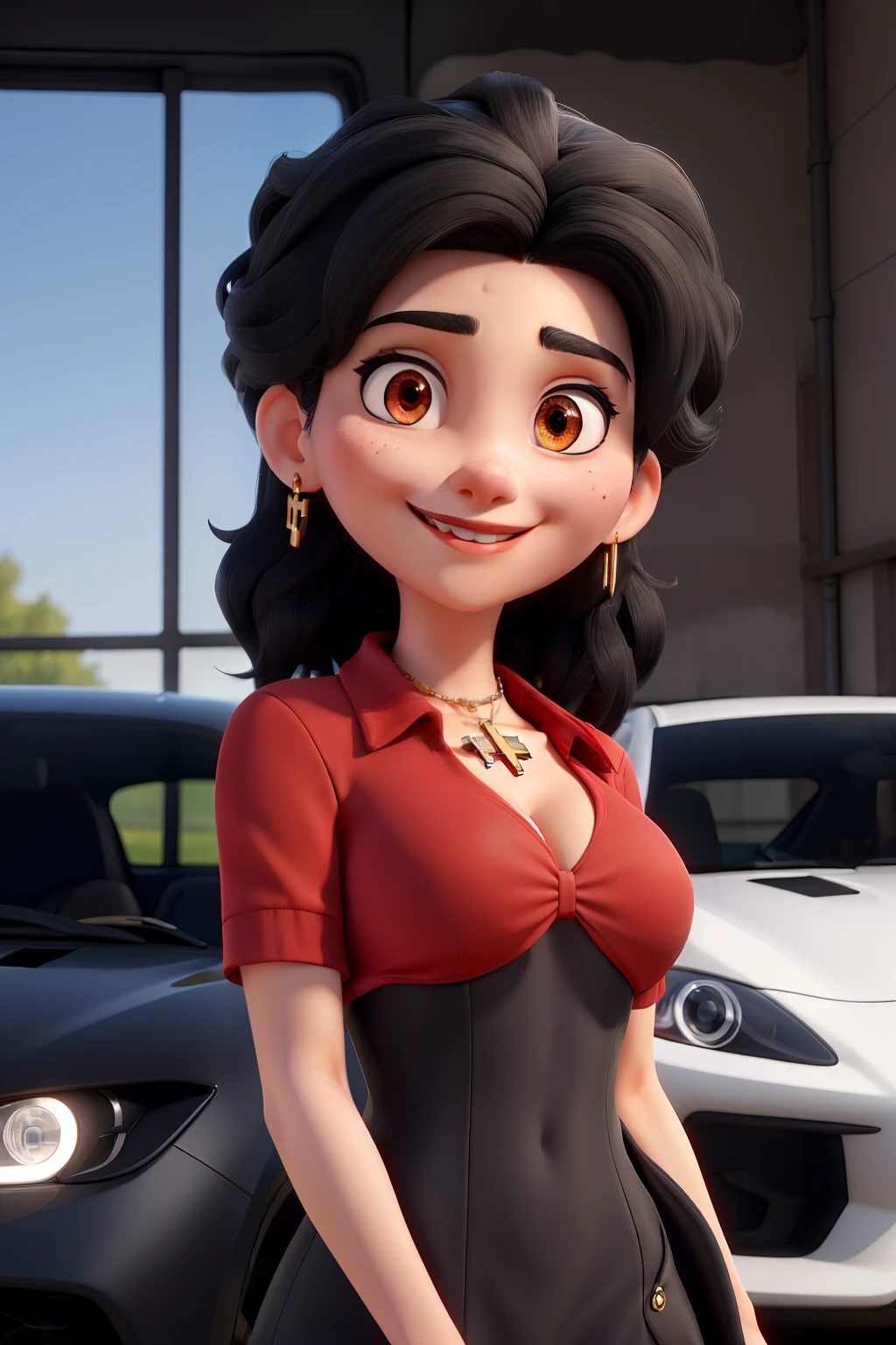 masterpiece, best quality, a woman with black hair that covers her forehead, red eyes, wearing cross earrings, sports car in the background, black dress, smile