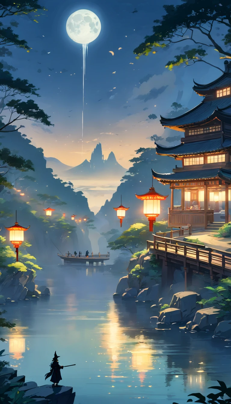 tmasterpiece, best qualityer, Chinese martial arts style, Asian night view with lanterns and water lilies, The Asian Lagoon has many lanterns and boats at night,There are many lights and boats on the water, Lake surface, lotuses, beautiful night scene, (( (Chinese martial arts style))), with vast sky, Continuous mountains and steep cliffs, ink wash style, outline light, Atmospheric atmosphere, depth of fields, mist rising, bamboo, pines, Octagonal stone pavilion, waterfall flowing water, large full moon, (no color), single body, Light shades, (((There is a wizard / The Dark Knight is on the scene)))