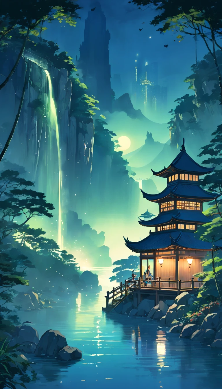 tmasterpiece, best qualityer, Chinese martial arts style, Asian night view with lanterns and water lilies, The Asian Lagoon has many lanterns and boats at night,There are many lights and boats on the water, Lake surface, lotuses, beautiful night scene, (( (Chinese martial arts style))), with vast sky, Continuous mountains and steep cliffs, ink wash style, outline light, Atmospheric atmosphere, depth of fields, mist rising, bamboo, pines, Octagonal stone pavilion, waterfall flowing water, large full moon, (no color), single body, Light shades, (((There is a wizard / The Dark Knight is on the scene)))