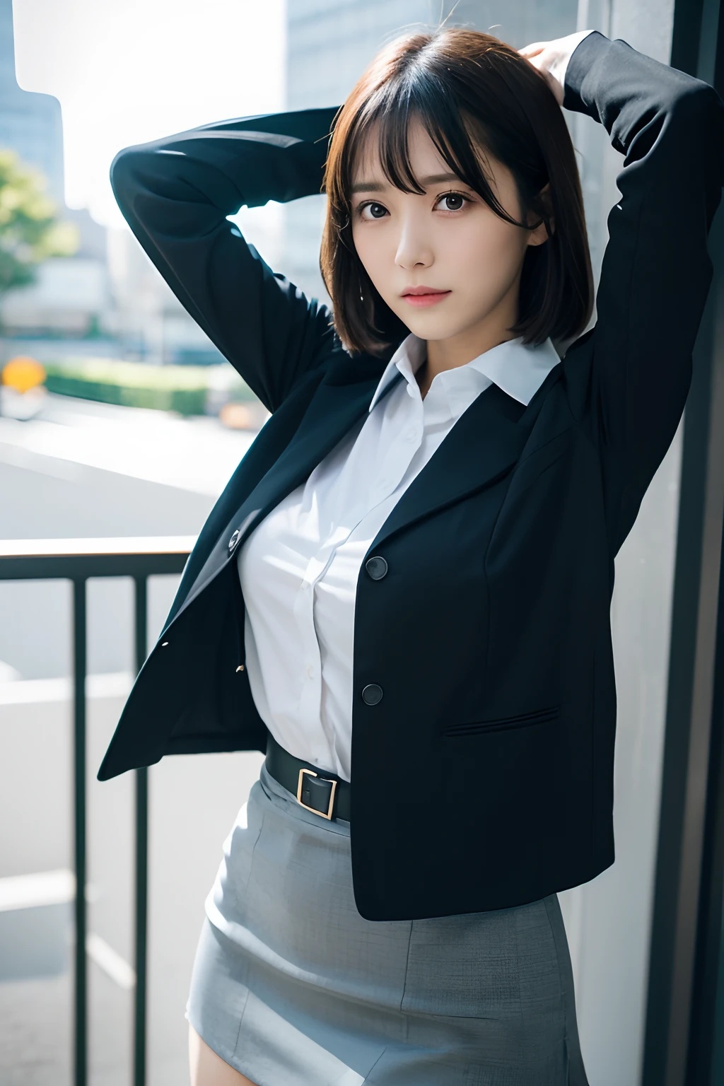 (masutepiece:1.2),High quality,vivd colour,flat-colors,Deep Depth Of Field,Lens Flare,1 girl,Black hair,eyecontact,Suit,Collared shirt,Belt bag,suspenders,Professional,Office Lady,Mature Women,Black mini skirt　garterbelts　knee high　Stockings　Black Niso　Colorcon armpit sweat　perspiring　Side of both hands,Black jacket,Gaze,ample bosom,Armpit sweat,Exposing the armpits"Pichi Pichi clothes