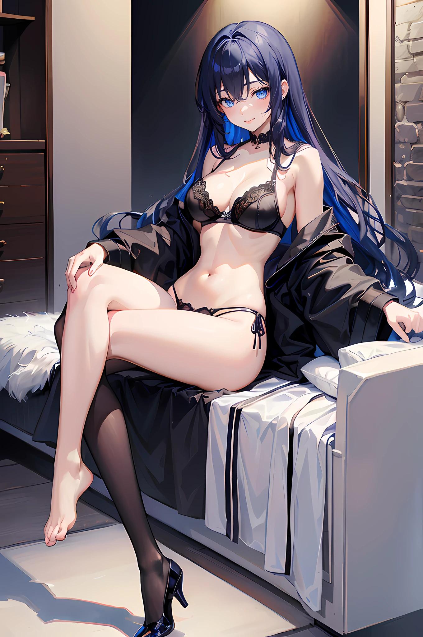 Beautiful young girl is looking at the viewer,1girl,long blue hair,beautiful blue eyes,sexy black bra,sexy black panties,sexy long black socks,medium breasts,sexy open leg pose,sitting pose,blushing,mouth closed smile and tongue,anime,masterpiece,8k,very high quality,