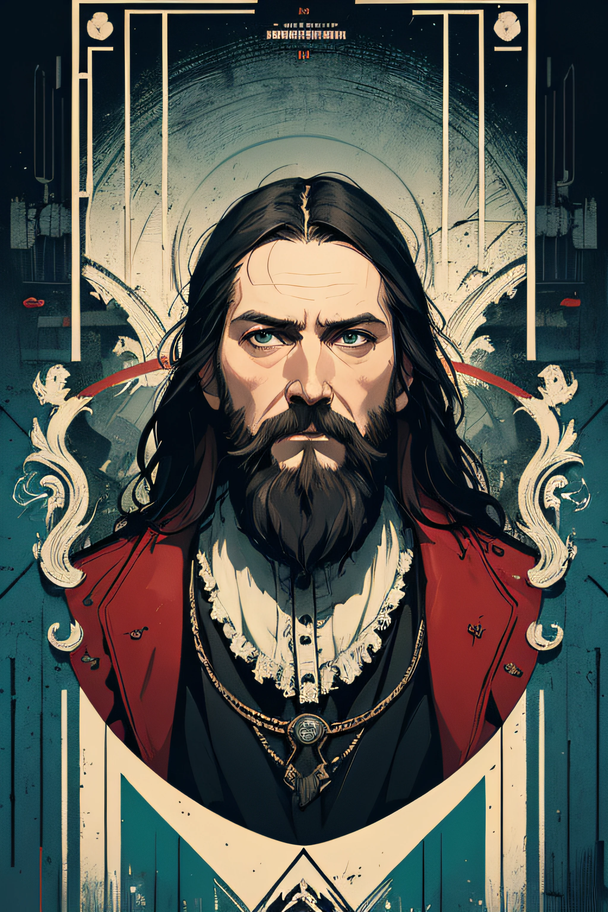 (Masterpiece, Best Quality), 8k Wallpaper, highly detailed, poster, Rasputin, Russian,expressionist, thriller cinematic film, horror thriller cinematic movie poster, Bauhaus, shapes, lines, abstract, propaganda, movie poster, vintage, double exposure.