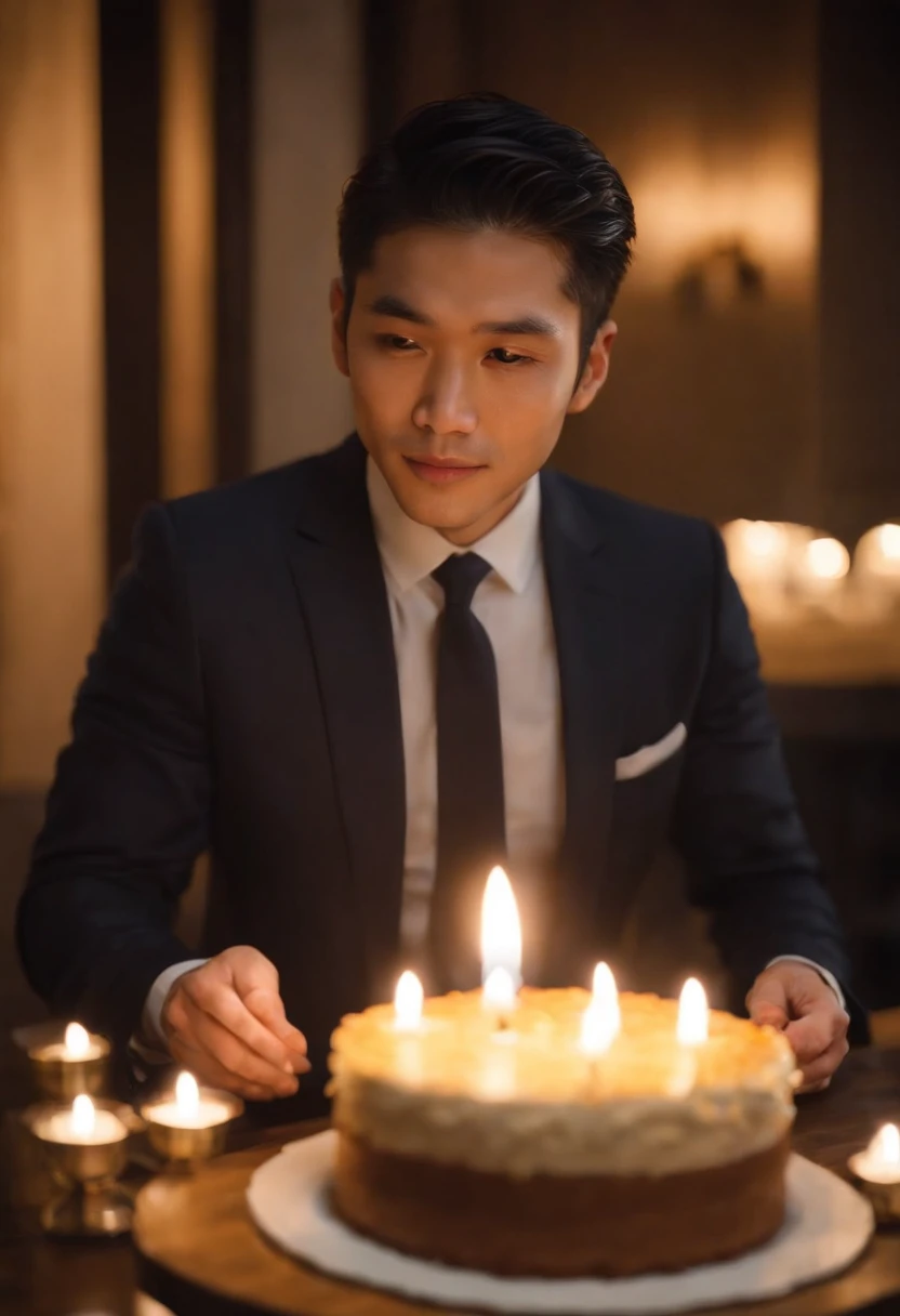 Japan man in Armani suit、(Facing the front1.8)、Holding a whole cake in both hands、A candle is lit on the cake、kindly smile