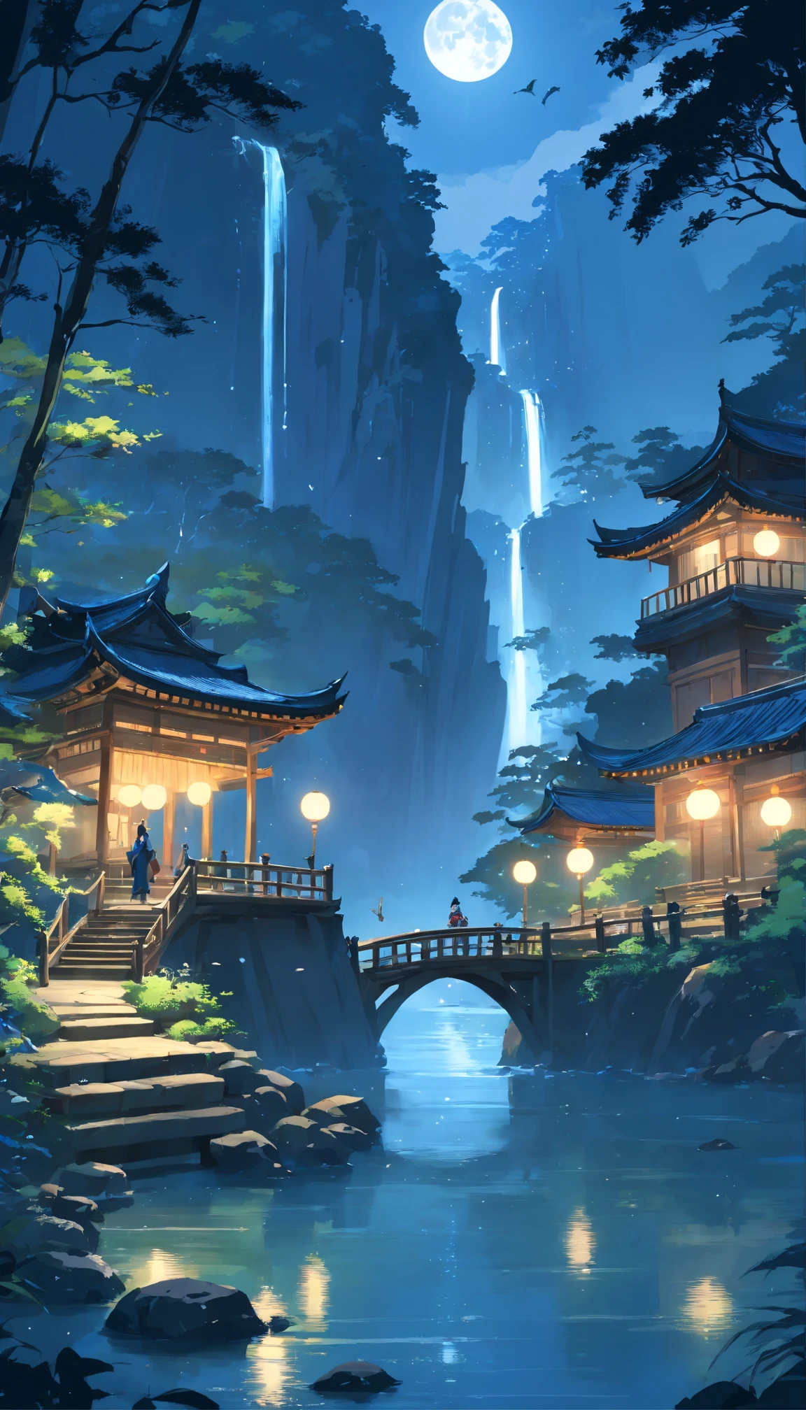 tmasterpiece, best qualityer, Chinese martial arts style, Asian night view with lanterns and water lilies, The Asian Lagoon has many lanterns and boats at night,There are many lights and boats on the water, Lake surface, lotuses, beautiful night scene, (( (Chinese martial arts style))), with vast sky, Continuous mountains and steep cliffs, ink wash style, outline light, Atmospheric atmosphere, depth of fields, mist rising, bamboo, pines, Octagonal stone pavilion, waterfall flowing water, large full moon, (no color), single body, Light shades, (((There is a wizard / The Dark Knight is on the scene)))