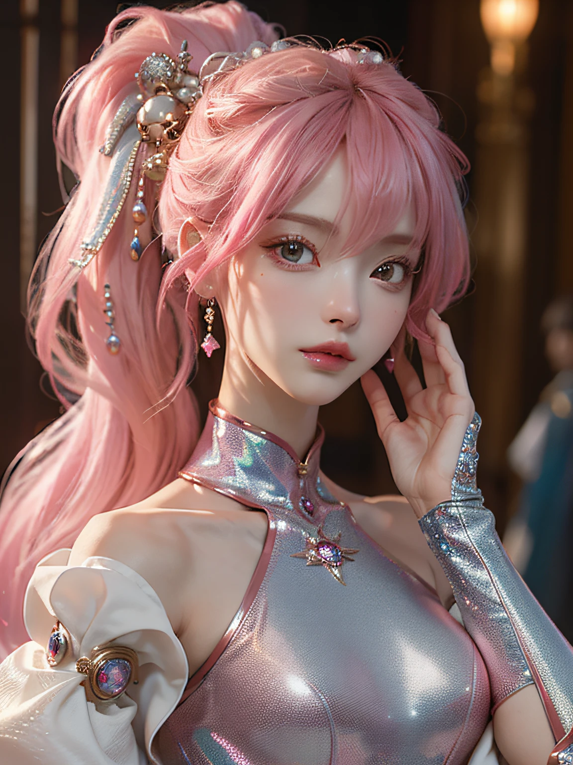 masterpiece、hightquality、。.。.。.。.。.。.。.。.。.。.3D、8K CG、intricate detailes、细致背景、Sacred。ornament detached, Dylan Kowalski, 15yo student, ((2girls)), The upper part of the body, musculature, Skindentation, looking to side, Pink hair、length hair, Mechanical arm, synthetic skin, porcelain, pearls, Holographic, Titanium, Diamonds, ruby, sapphires, Pedras preciosas, Clockwork, grunge, worn edges, s Armor, Beautiful breasts、Twin-tailed hairstyle、Western castles、