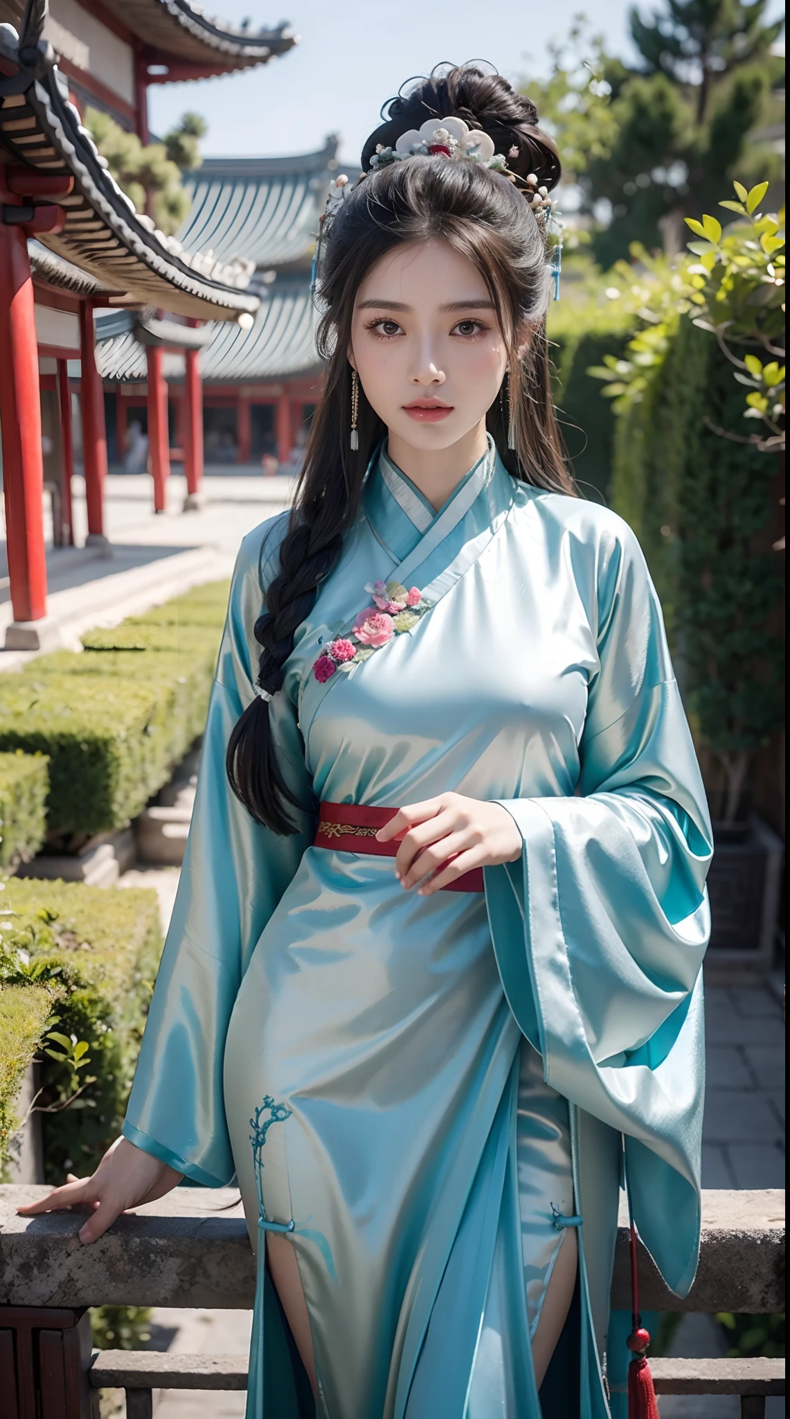 Photorealistic, high resolution, 1womanl, Solo, Hips up, Model standing,view the viewer, (Detailed face), Ancient hairstyle, Ancient Chinese Hanfu