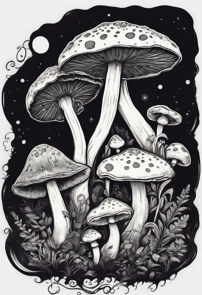 /Imagine Prompt: Mushroom illustration for a sticker with black background, en negrita, bordes dentados, Trashcore, sombreado claro --v 5.2